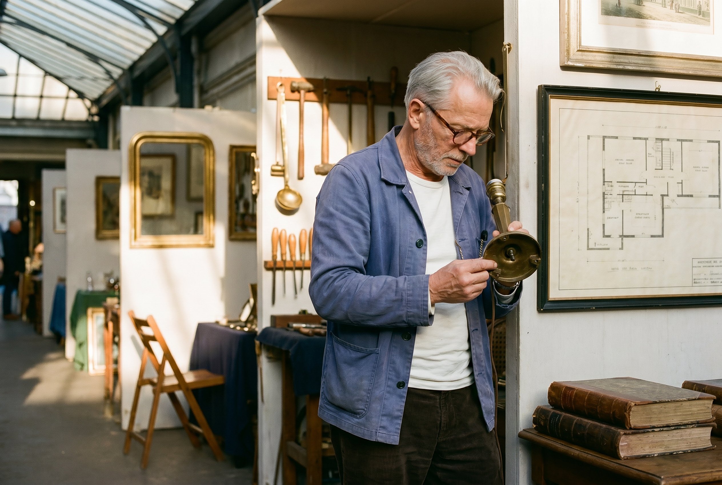 Context — wider stand-frame, Jean-Christophe in three-quarter standing at the corner of the stand examining a small bronze 1932-art-deco lamp-base, the wall of brass-tools plus the 1953-architectural-plan plus a small stack of 1930s ledger-books on the wooden trader's-table, the adjacent stand in deep soft-focus, the long-summer iron-and-glass roof-line of Marché Paul-Bert at camera-left
