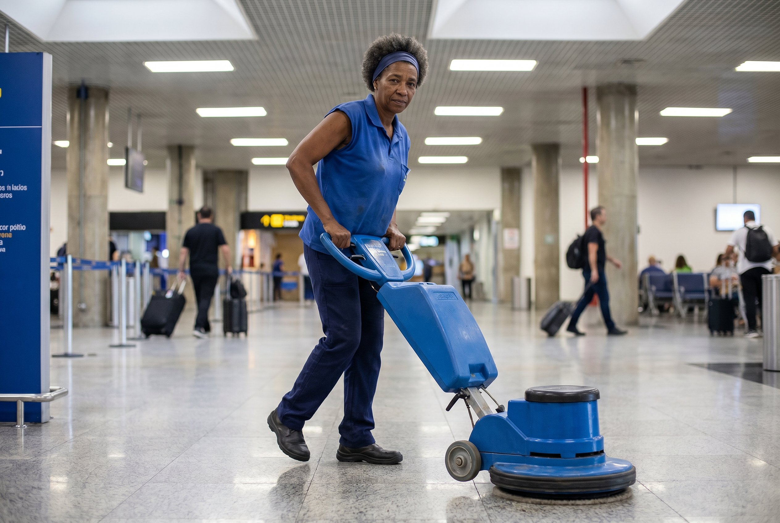 Context — GRU Terminal 3 arrivals-hall floor-buffer rotation, Sunday-morning, the body-economy of the trade