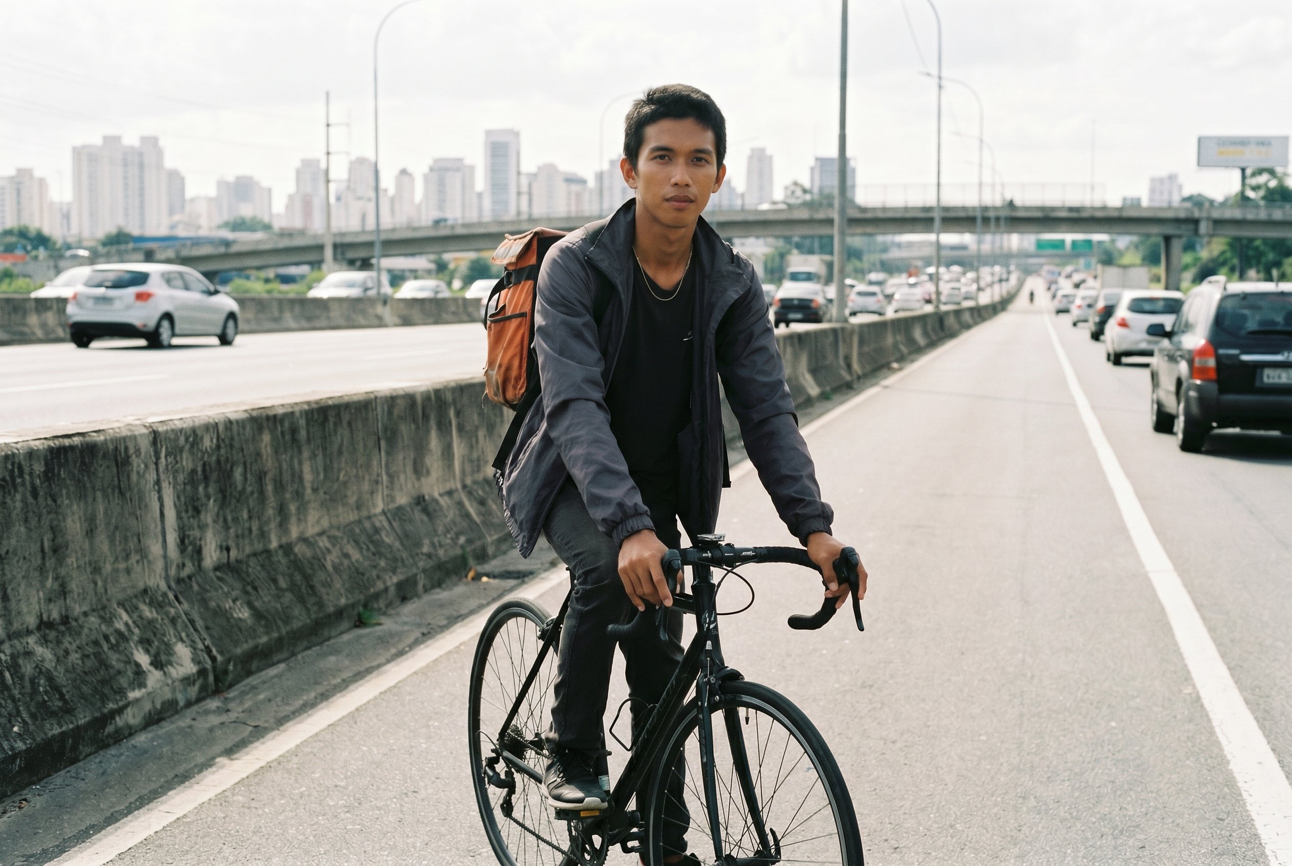 Context — Marginal-Tietê expressway-edge Sunday-morning courier-bike-stance, the orange company-bag-strap diagonal
