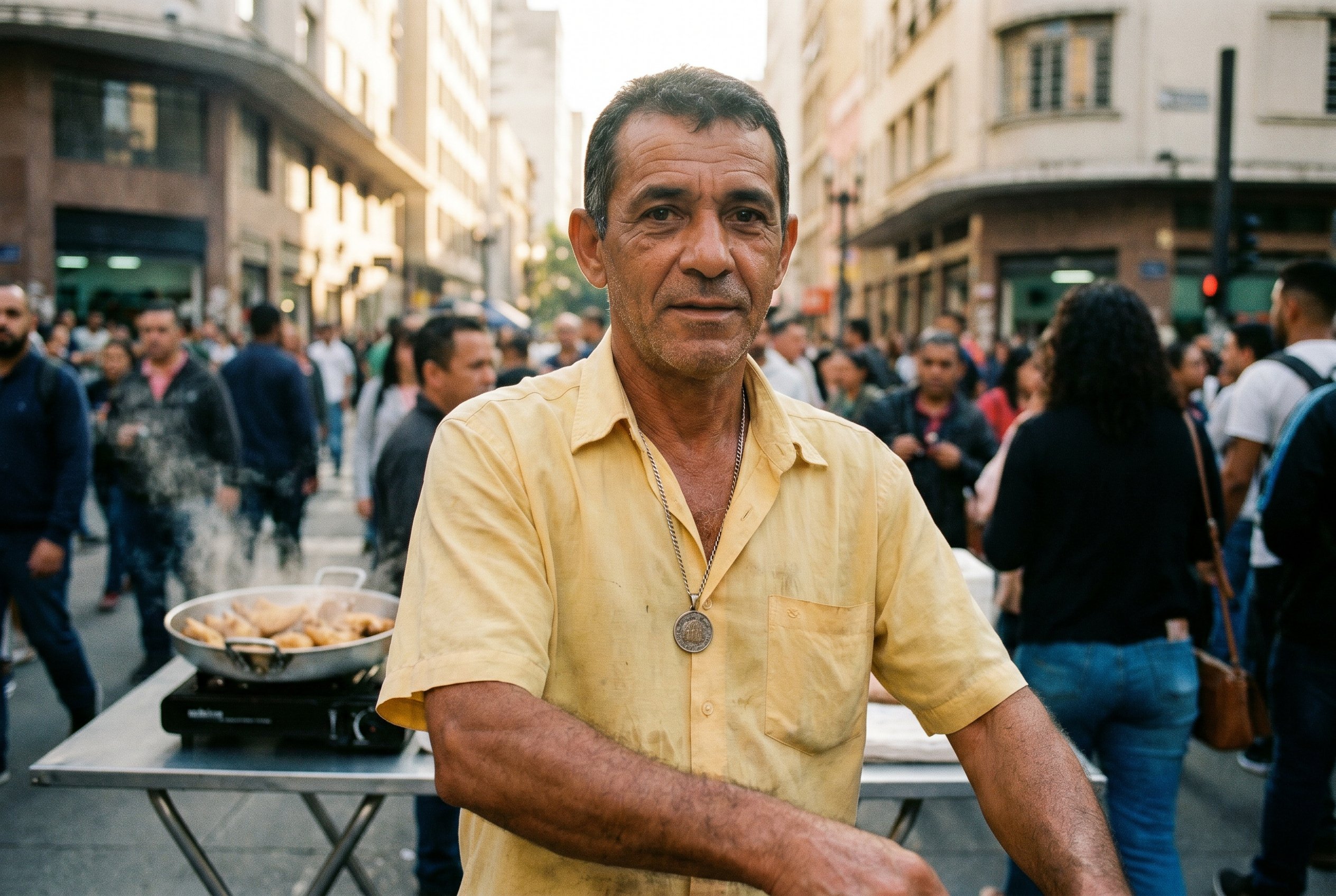 Closeup — Nordestino-Pernambuco Sunday street-vendor at the Aspicuelta corner, late-forties, the Sertão-eyes that read three blocks ahead while the hands fold cassava-fritters