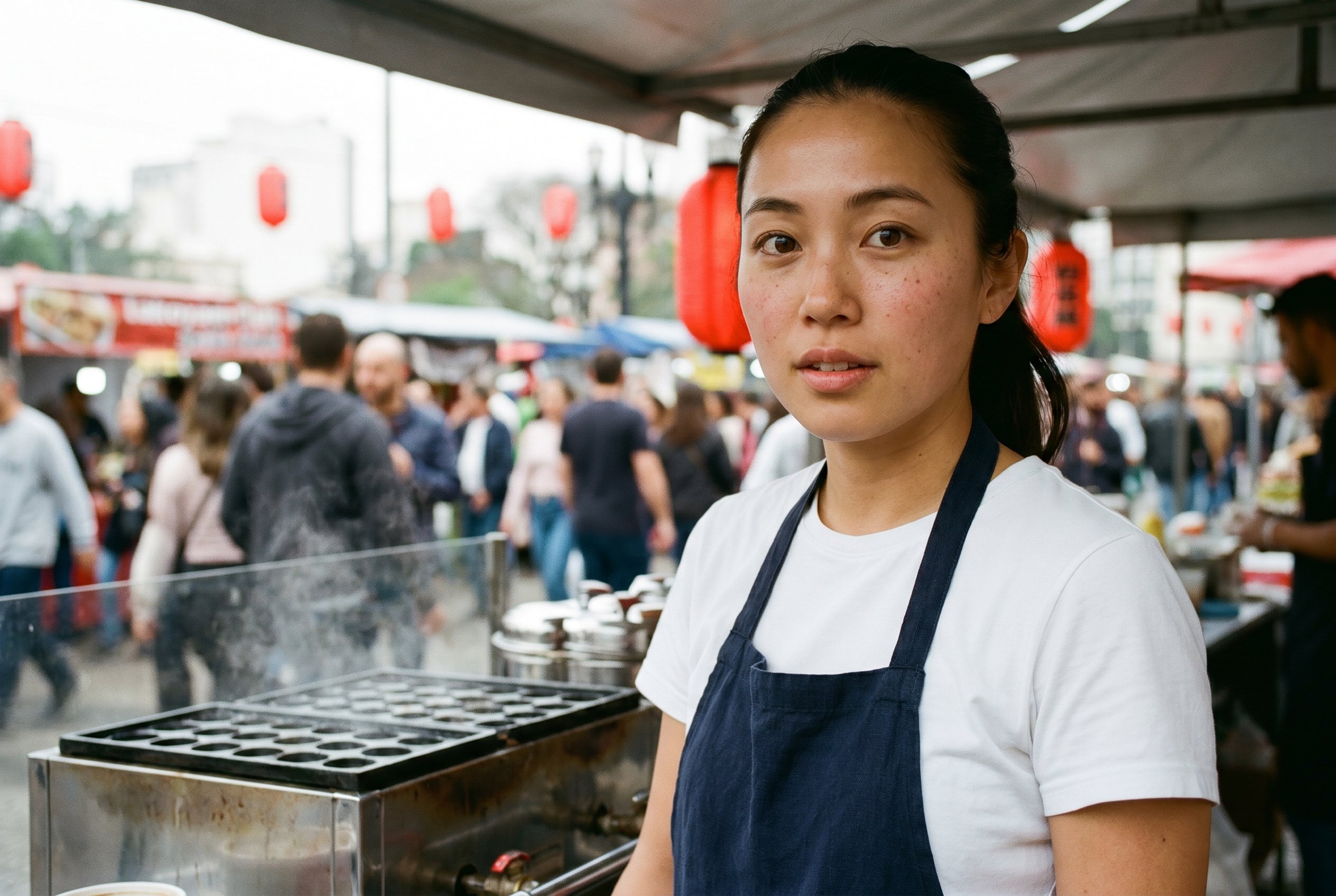 Closeup — Yonsei-fourth-generation paulistana at the family takoyaki-press, the diaspora-working-body in mid-twenties register