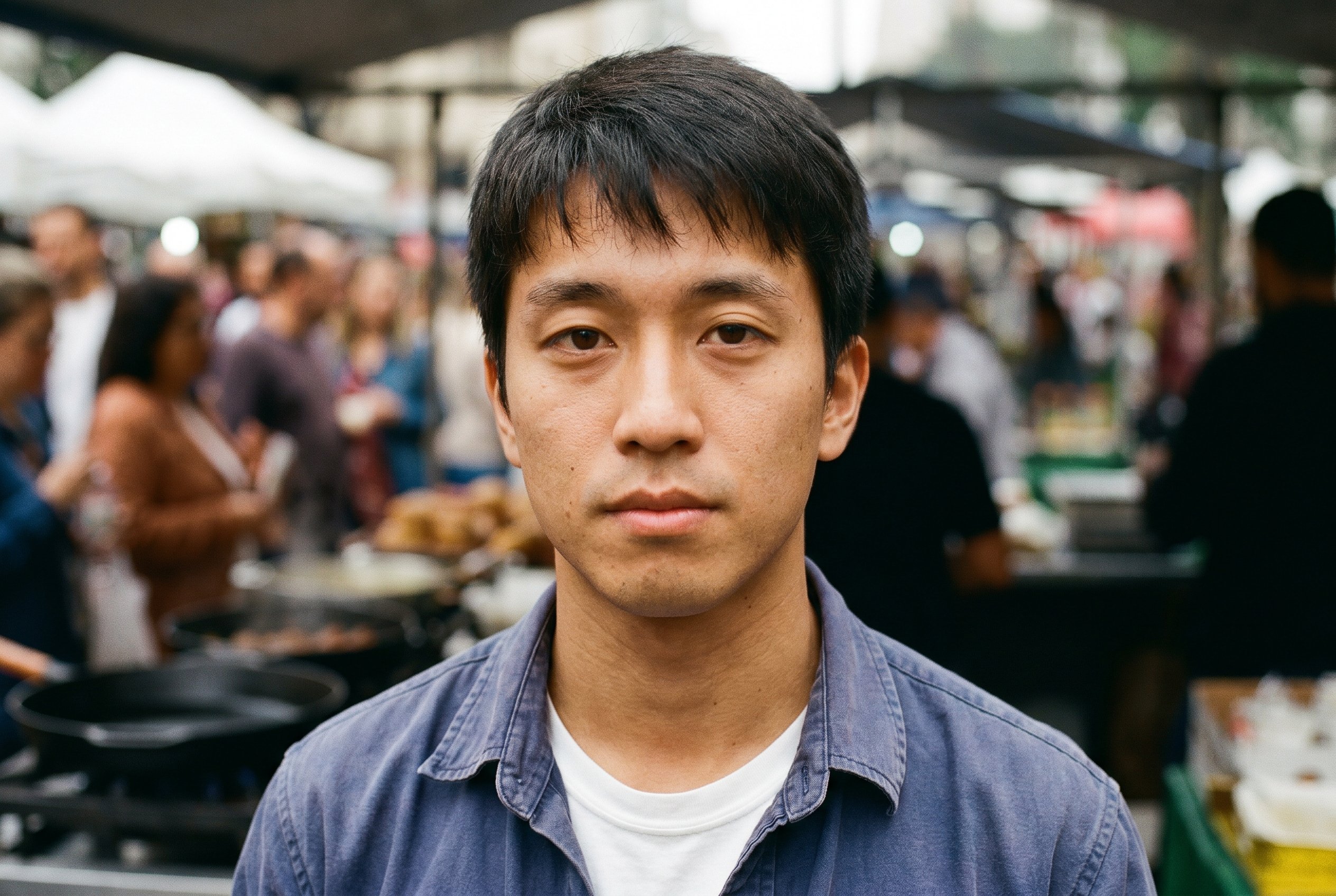 Closeup — Yonsei early-twenties paulistana, the faded indigo workshirt over the plain white tee, the mode-insider-substrate at the yakisoba stand