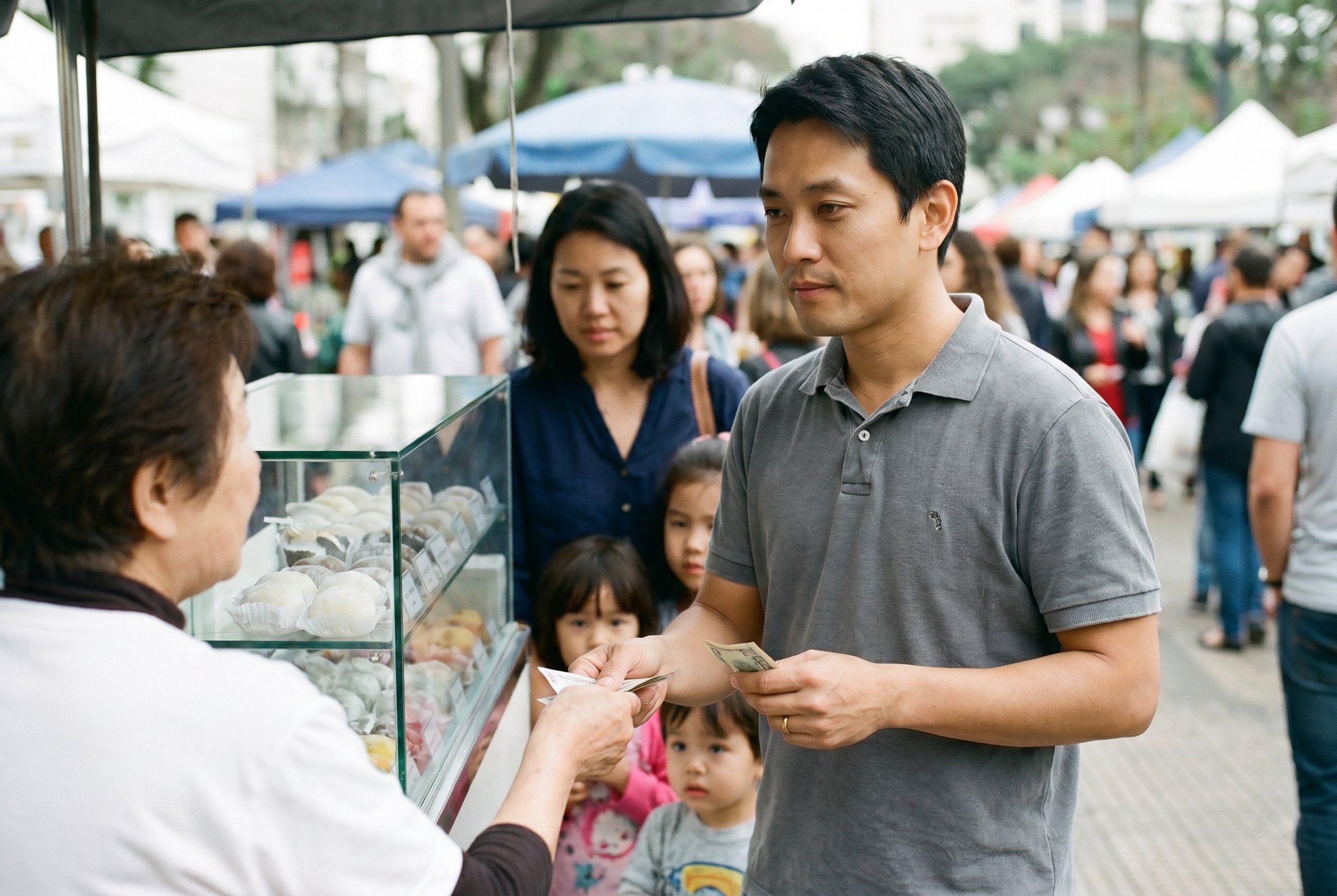 Context — Roberto at the mochi-cart counter with his family of five queuing, Praça da Liberdade north-corner Sunday crowd in soft fall-off