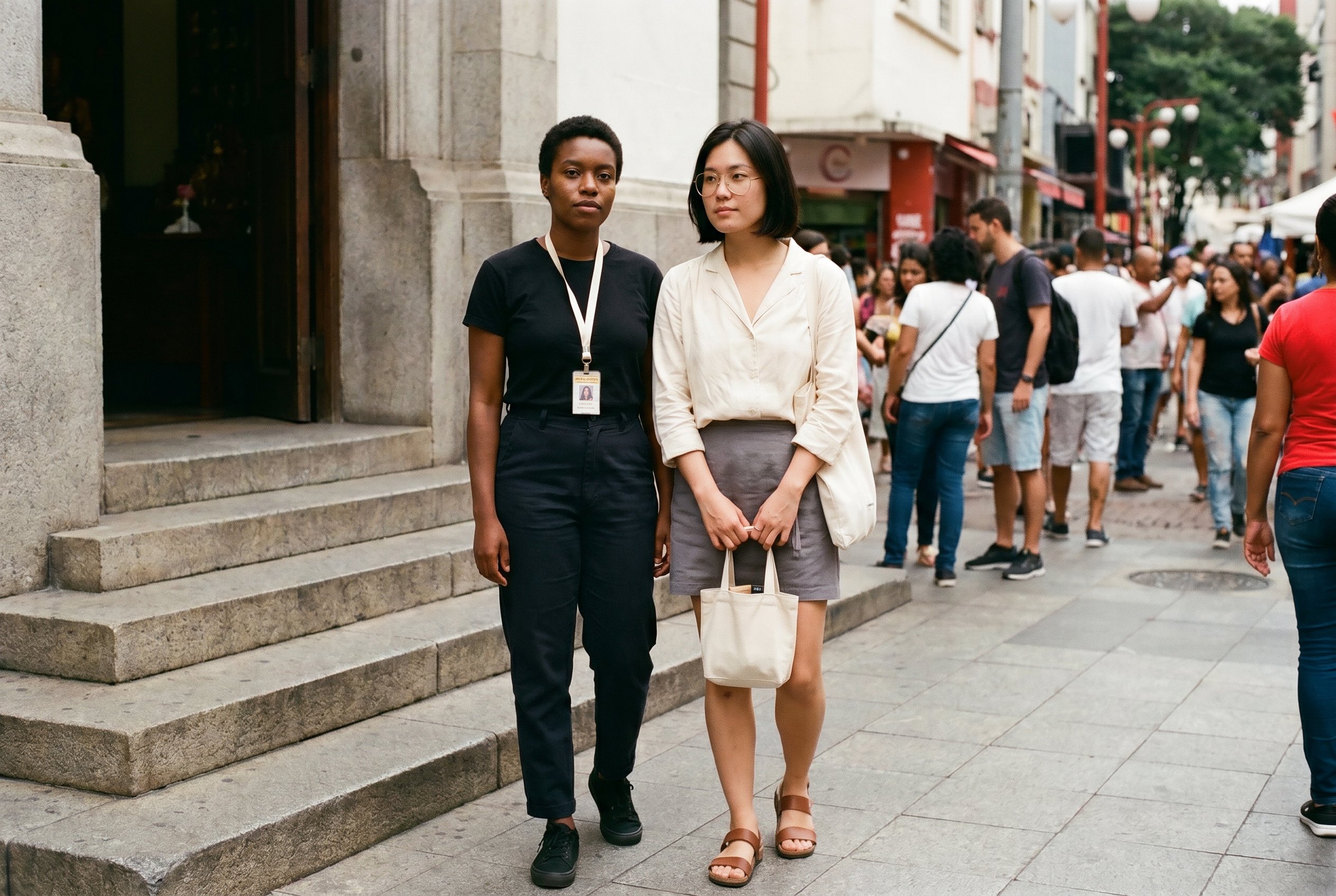Context — Carolina and Mariana at the Liberdade Buddhist-temple edge of the Praça, the Studio-Mishi-tote-bag plus the Liberdade-Feira-lanyard visible, the Sunday crowd in soft fall-off