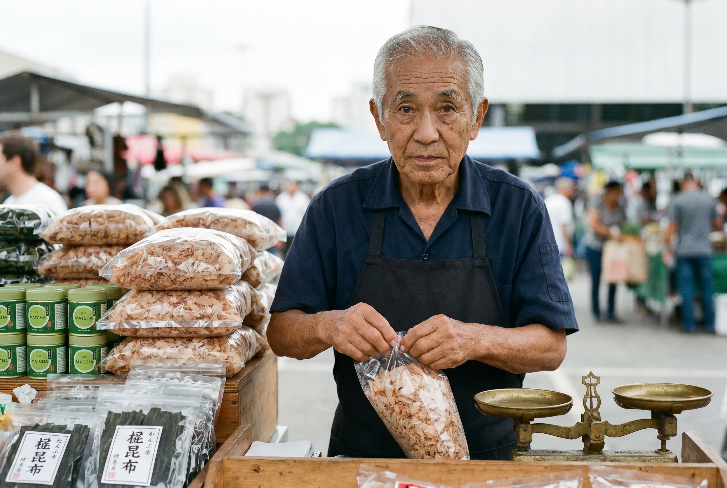 Closeup — Hiroshi behind his second-corner dry-goods stand at the Praça, the bonito-flake plus matcha bags stacked behind him in hand-labelled clear plastic, the small brass two-pan scale at his right hand