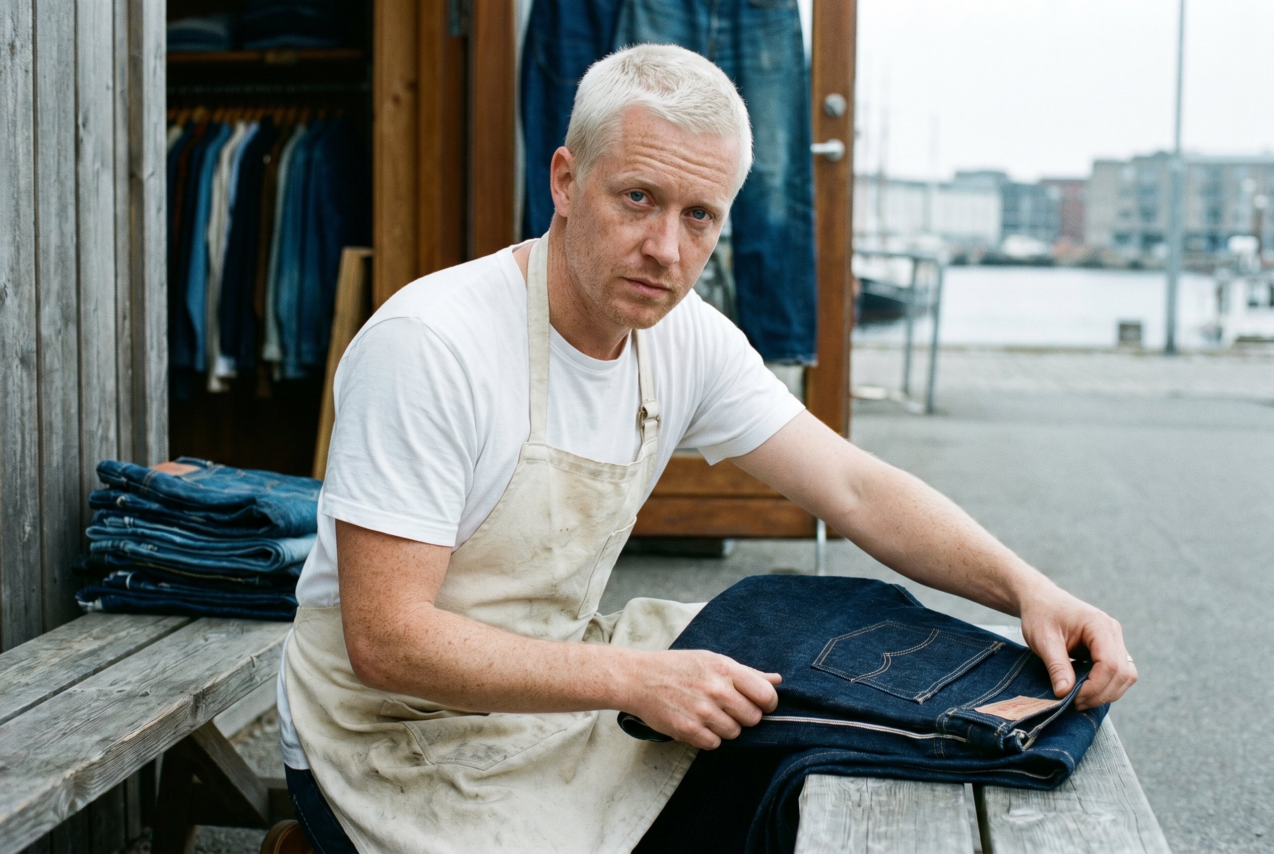 Closeup — Anders at the Krabb Magasin side-door, mid-fold on a stack of indigo selvedge denim, the cotton work-apron from his Acne Studios Production years, the harbor cool-grey behind him