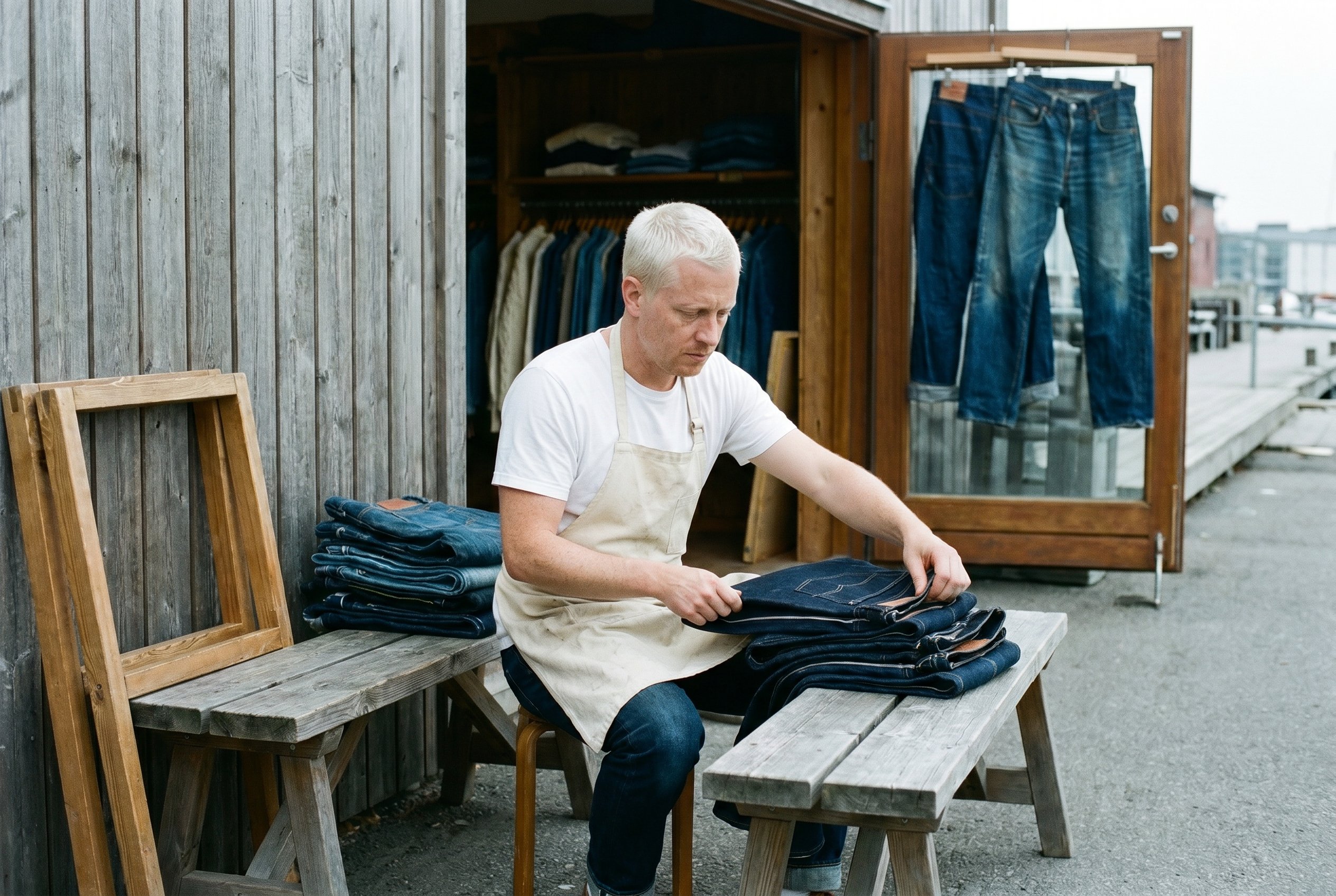 Context — Anders at the wooden bench outside the Krabb Magasin Hornstullsstrand 4 side-door, the Monday-after-Sunday-market wooden frames folded against the wall, the open side-door showing the vintage racks inside, the harbor cool-grey behind