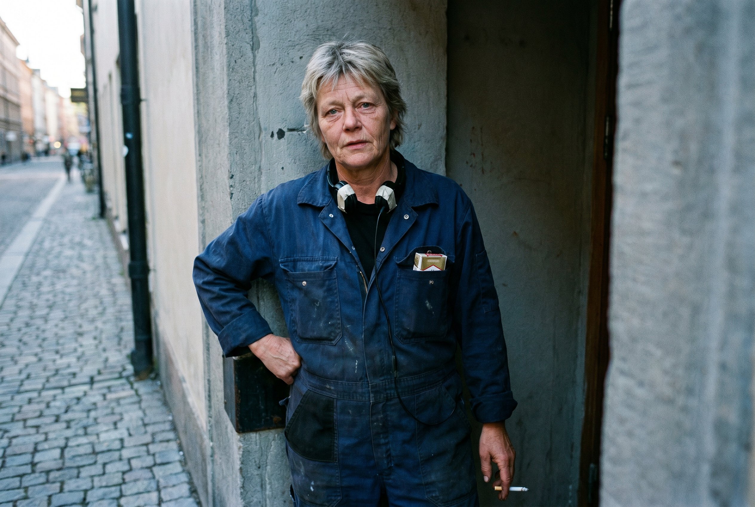 Closeup — Karin at the Konserthuset Kungsgatan-side stage-back-entrance, the right-ear headset tape doubled visible at the ear, the tape-measure-fold at the right hip-pocket of the dark trousers, the late-afternoon Hötorget-light cool-blue at the doorway
