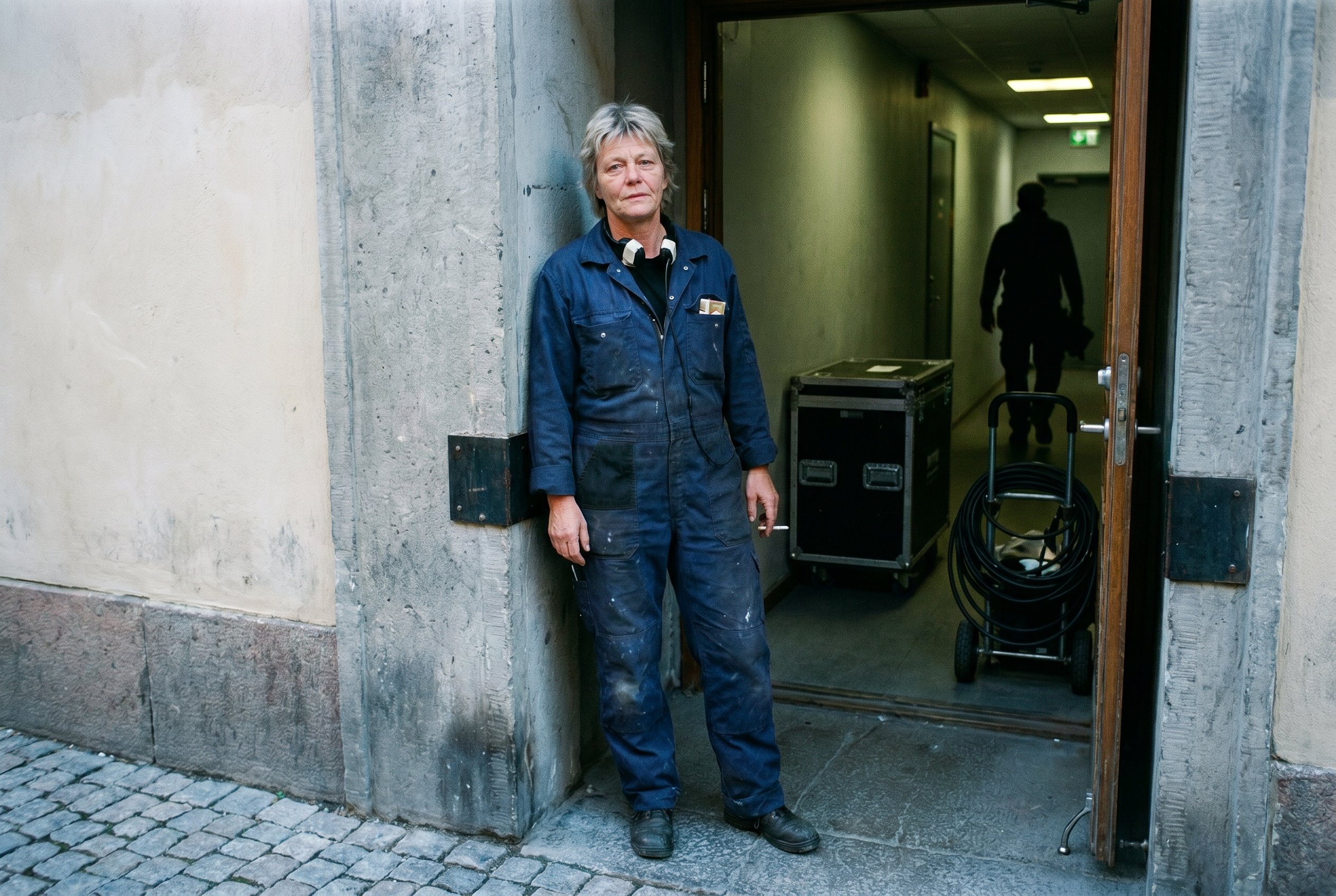 Context — Karin at full body in the Kungsgatan-side stage-back-entrance doorway during the seven-minute post-shift cigarette-break, the load-in corridor behind her with road-case and DMX-coil in soft focus, the cobblestone Kungsgatan side-street under her feet
