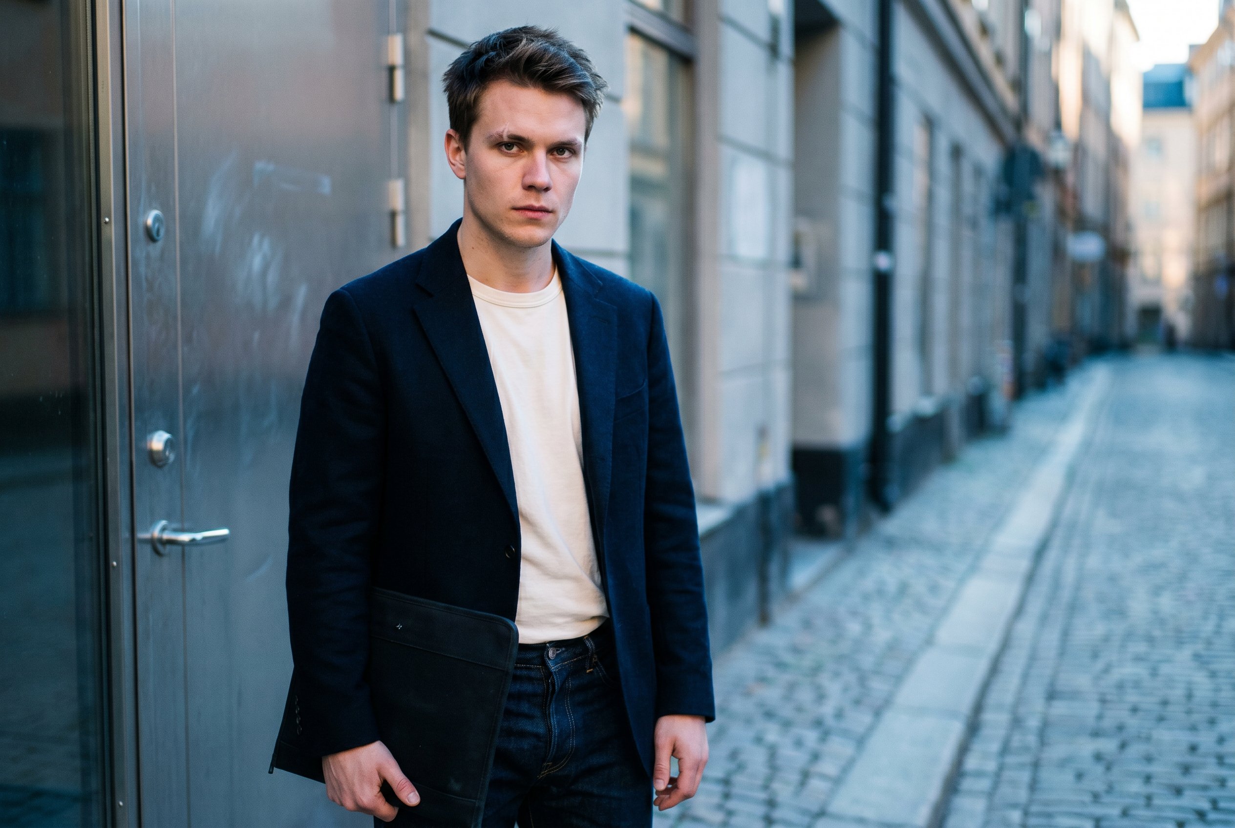 Closeup — Hugo at the Yxsmedsgränd-corner off Västerlånggatan after the Acne HQ third-go-see-walk-out, the left-eyebrow-scar from the 2019 Boxing-Klubb-Söder amateur-bout-stop visible at the brow-edge, sharp Nordic jaw and clean lid-bone-architecture, mid-blue Stockholm late-afternoon light from camera-right