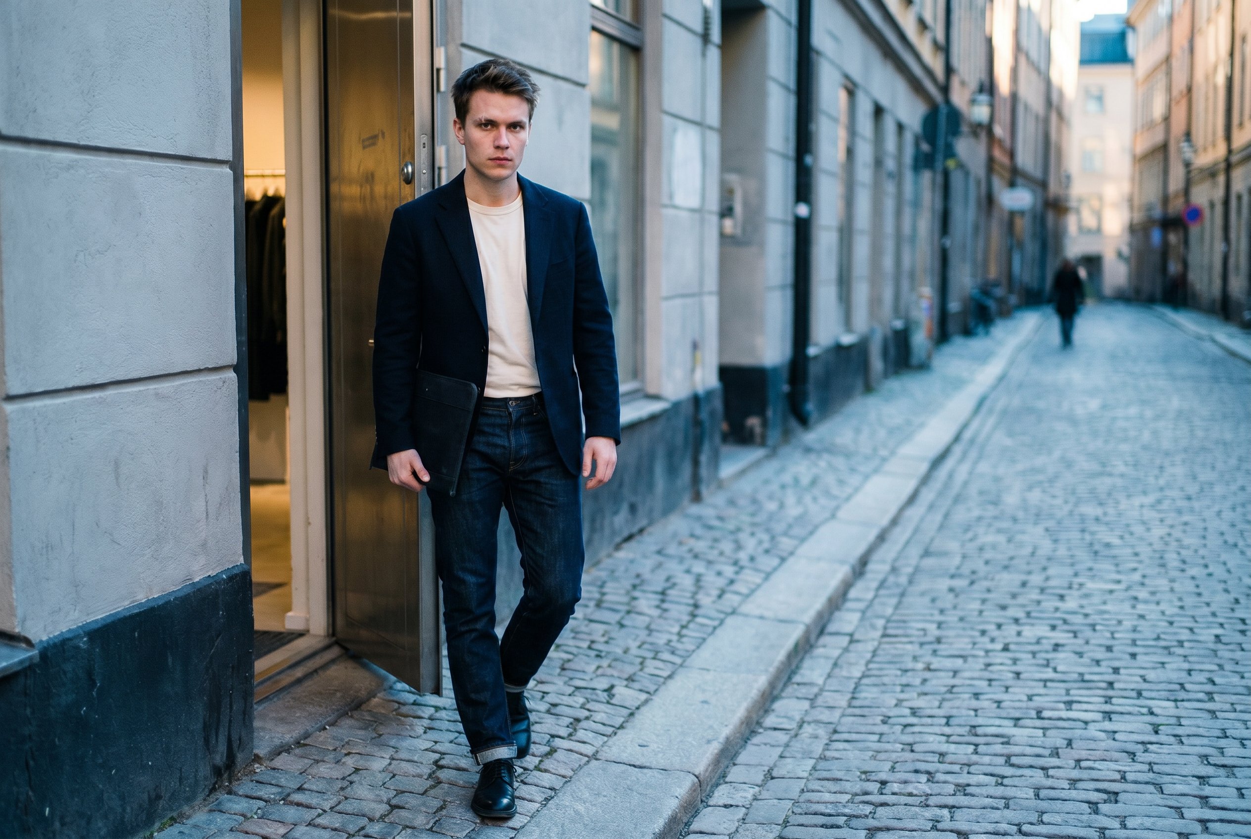 Context — Hugo at full body on the Västerlånggatan cobblestone walking out of the Acne Studios HQ side-entrance with the architecture-student canvas portfolio at his hip, the Gamla Stan medieval-narrow-street and the Acne side-door brushed-steel in soft focus behind