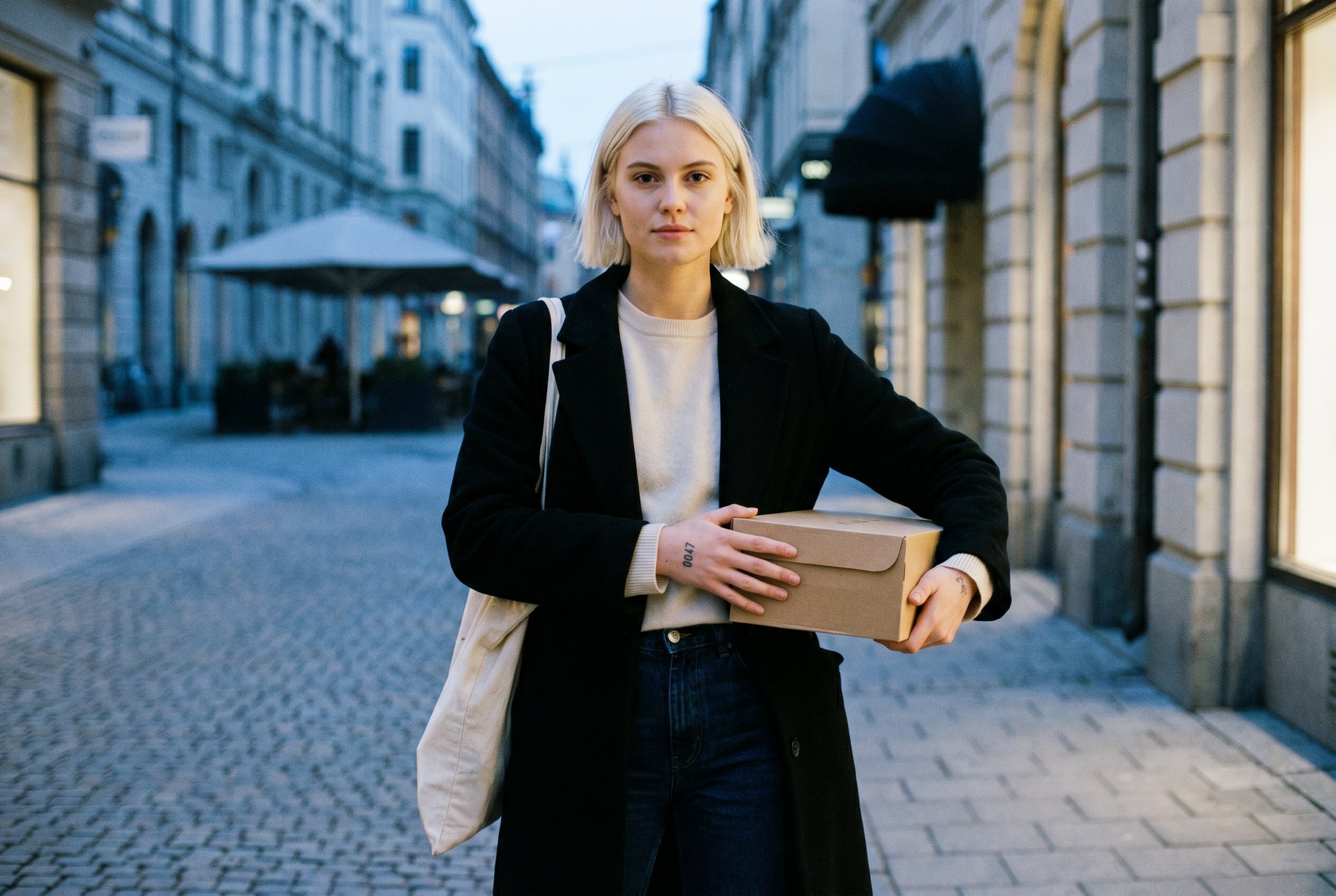 Closeup — Stella on the Sturegatan-block walking out of the Acne HQ fitting toward Riche, the platinum-blond center-part bob cut at the jawline, the small wrist-tattoo of the Bergman-Persona-frame-number-47 visible at the inner-left-wrist below the watch-line, fine Nordic bone-architecture, Stockholm evening cool-blue light from camera-front-left