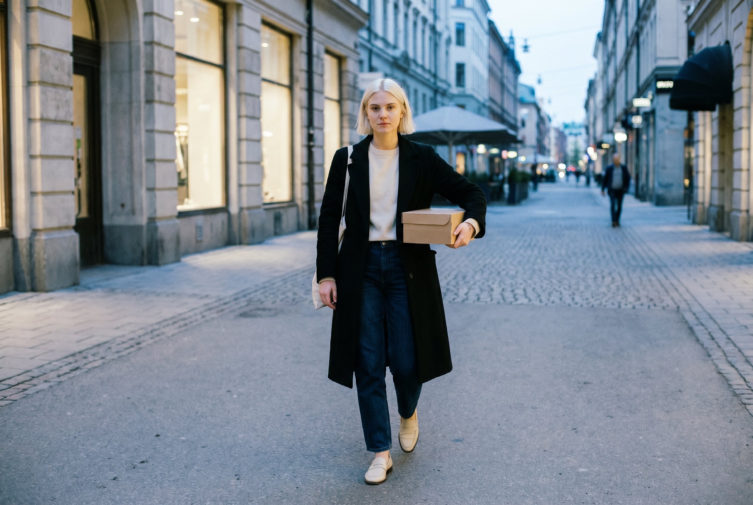 Context — Stella at full body on the Sturegatan-block north of Stureplan walking out of the Acne HQ fitting carrying the unbleached canvas Acne-fitting-tote and an Acne-Studios-Production-shoe-box, the Sturegatan limestone facade and the Stureplan-Mushroom-canopy visible in soft focus behind