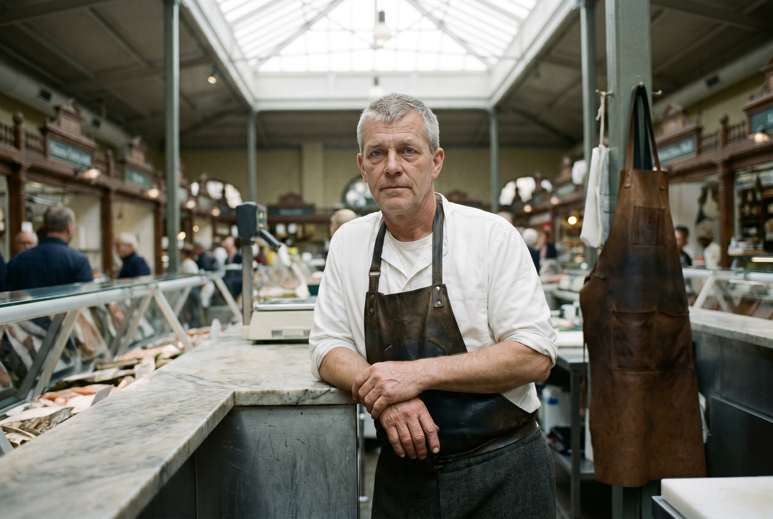 Closeup — Gustaf behind the marble counter of Lundqvist & Söner Fisk at Östermalms Saluhall, the hand-stitched black leather apron from 1956 across his chest, the knife-roll at his right hip, the marble counter polished by a century of Sunday-cleanings