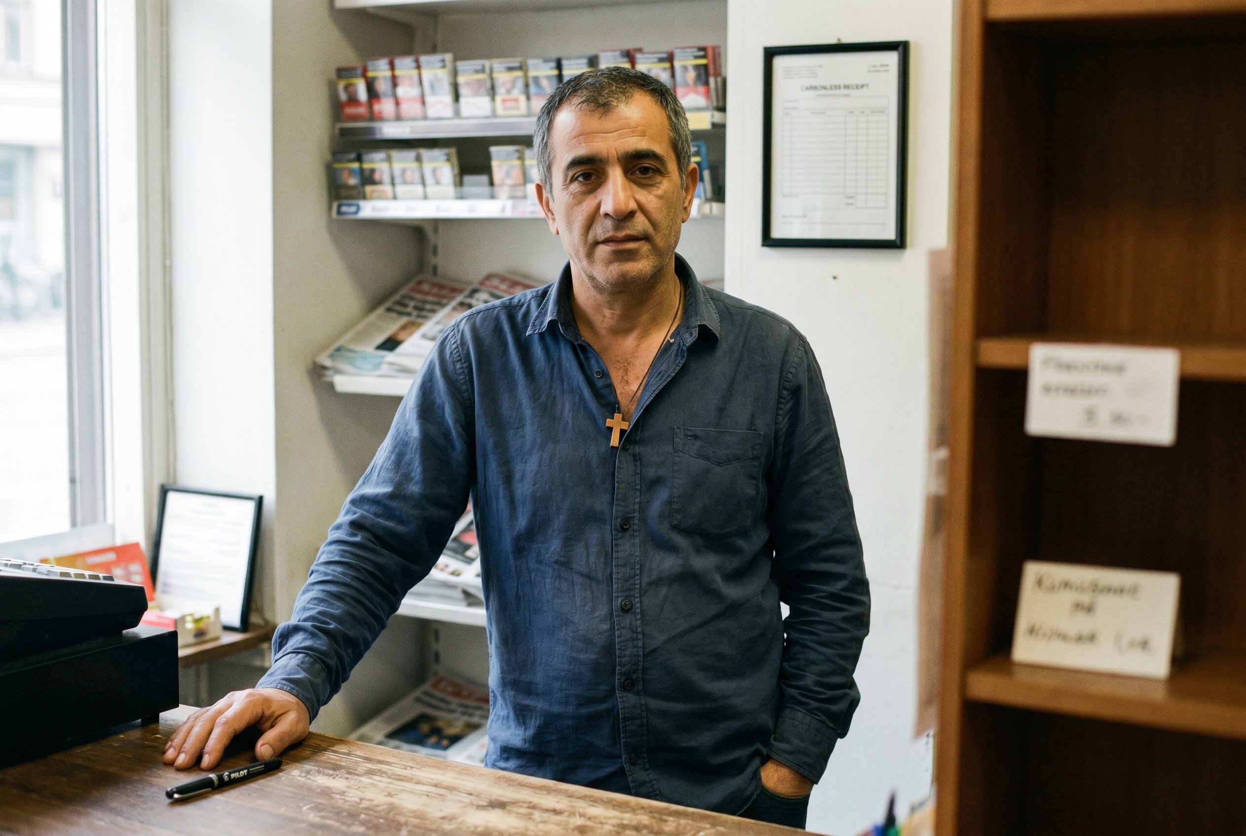 Closeup — Ahmed at the kiosk counter, the framed 2009-first-day-receipt on the wall behind him, the Arabic-poetry-shelf (Darwish, Adonis, Yousef) to the right of the register, the engraved Pilot-pen at his right hand