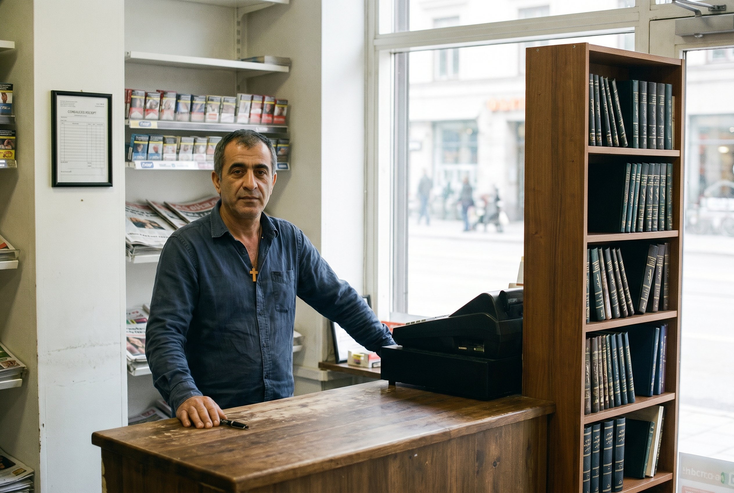 Context — Ahmed at full body inside the Drottninggatan 41 kiosk, the engraved Pilot-pen near the right hand at the counter-corner, the framed first-sale-receipt on the back-wall and the six-shelf Arabic-poetry-library bookcase to the right of the register, the Drottninggatan Norrmalm-street through the doorway in soft focus