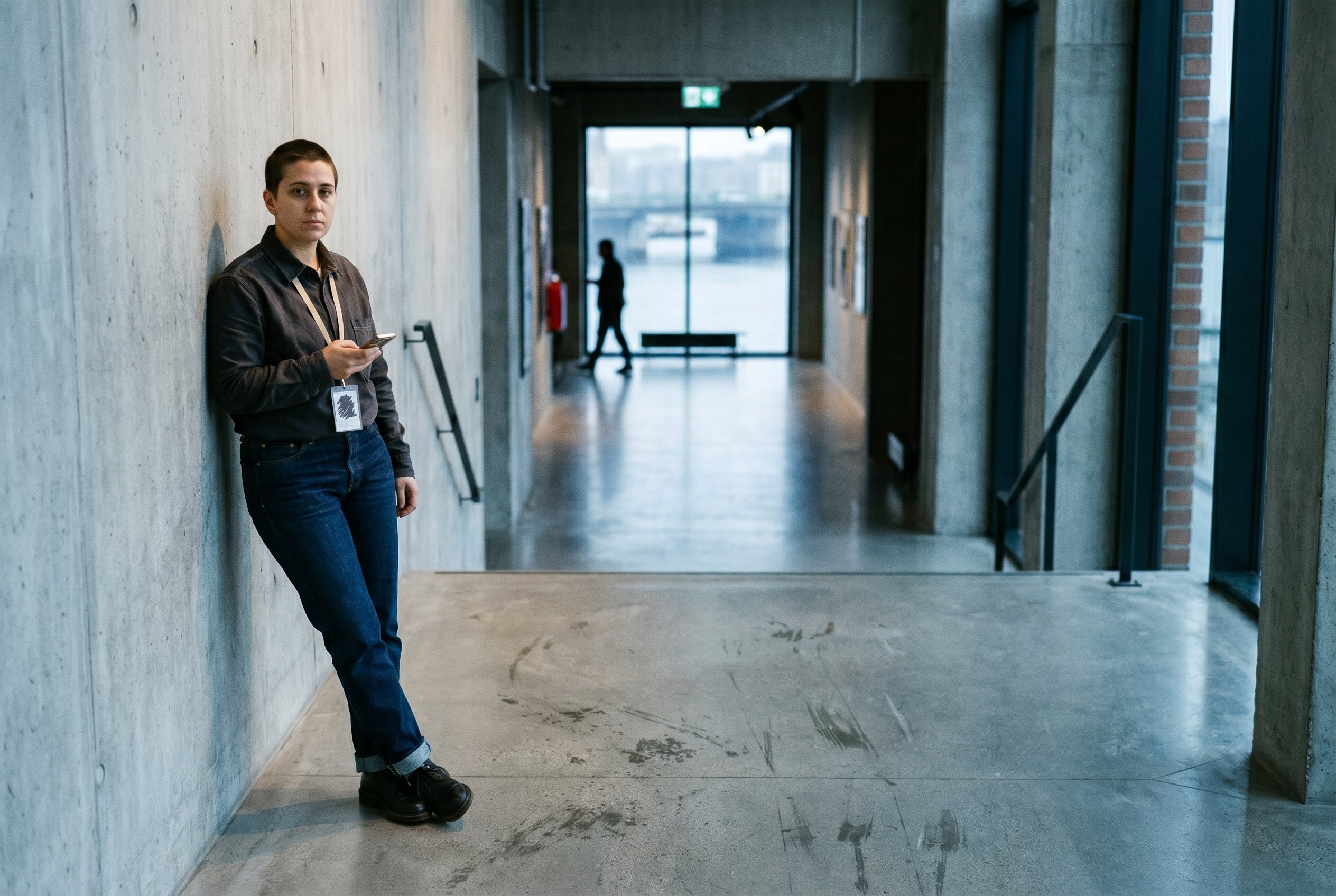 Context — Linnea at full body on the third-floor stair-landing at Fotografiska, leaning against the polished-concrete wall checking phone with the lanyard at the chest, the harbor-window at the corridor-end with Slussen-bridge silhouettes through the glass in soft focus