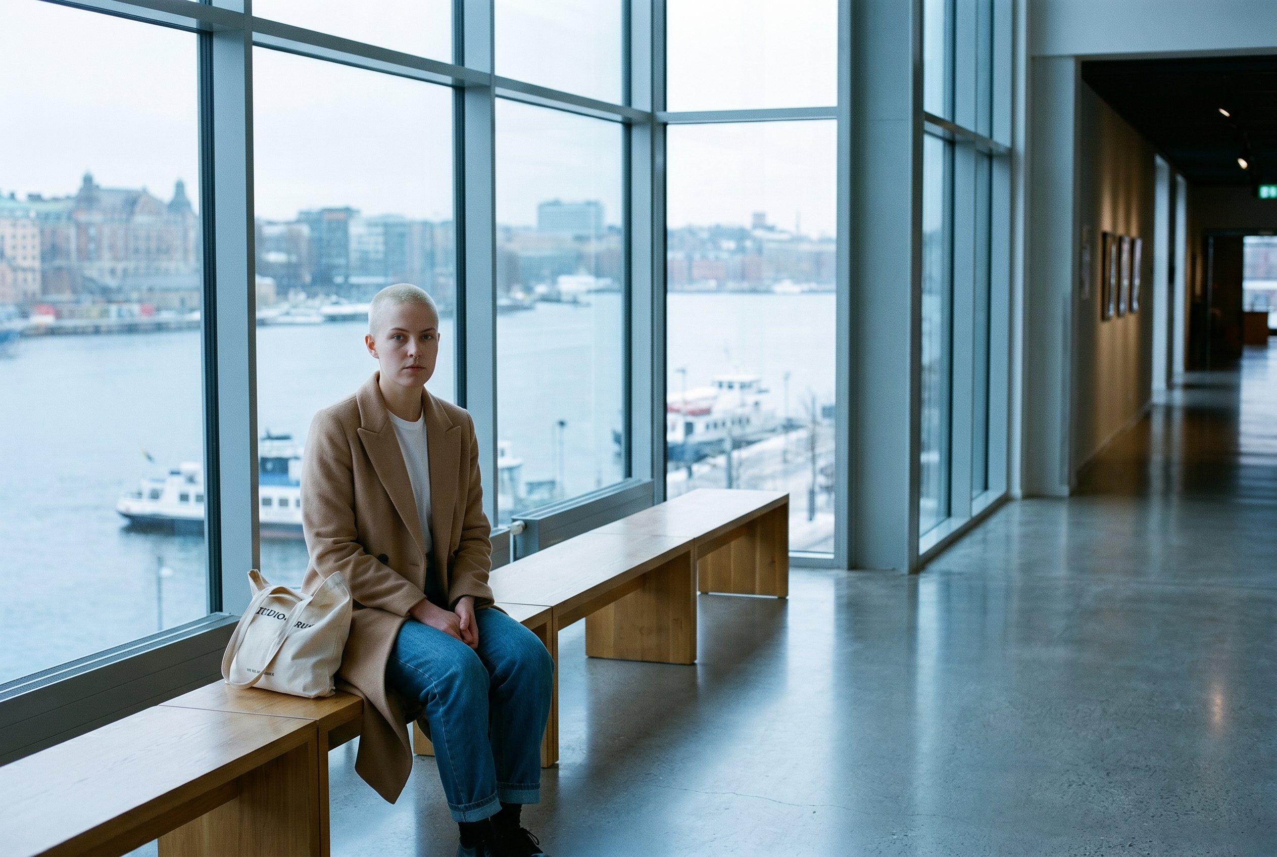 Context — Maja at full body on the second-floor reading-foyer bench at Fotografiska, the large multi-pane harbor-window behind her with a Strömma-archipelago-ferry silhouette in soft focus, the polished concrete foyer-floor leading to the gallery-corridor