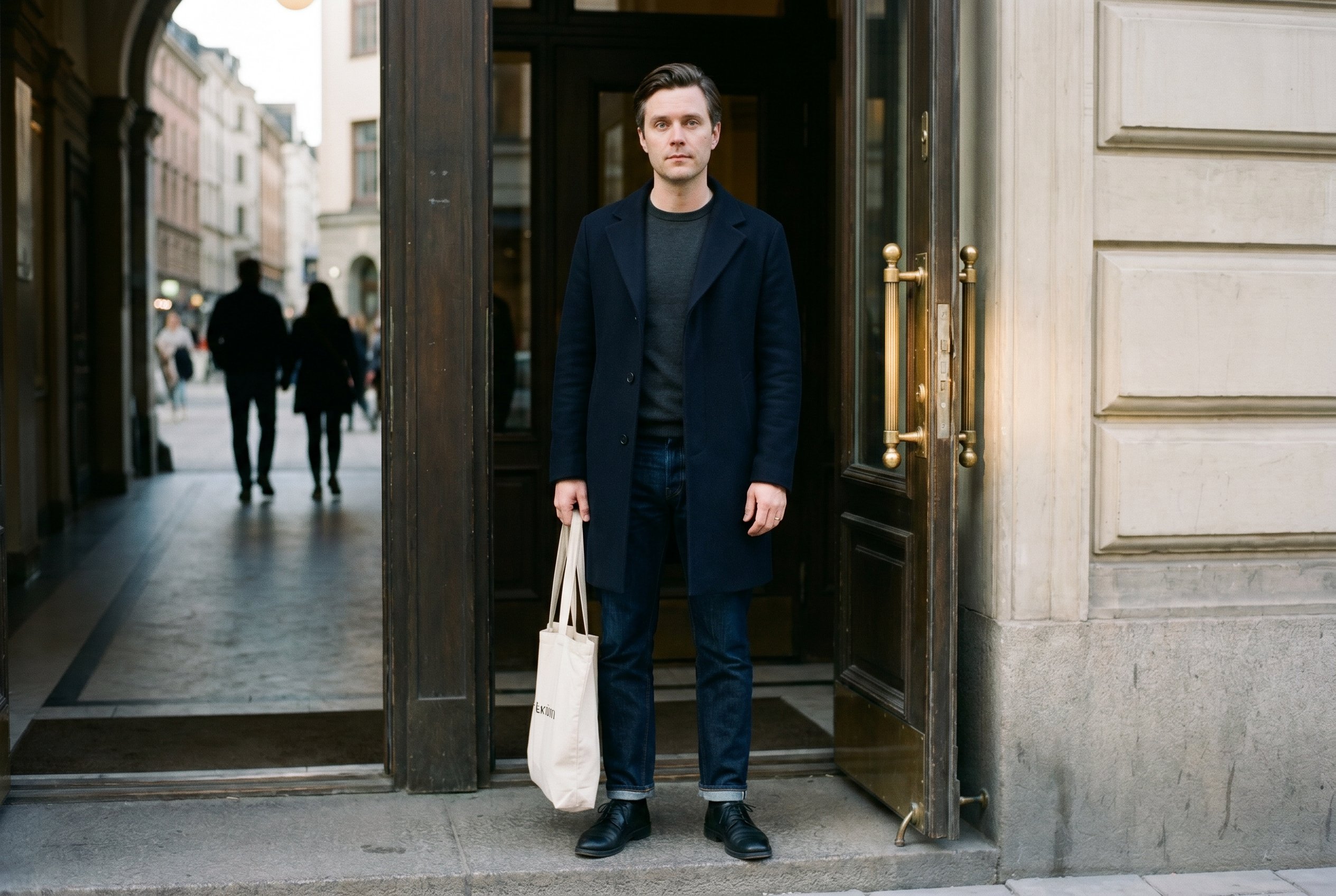 Context — Adam at full body at the Riche-Grev-Turegatan-corner-doorway in the post-lunch-block-walk-out-position, the Riche-classic-doorway-brass-handle and the Grev-Turegatan-limestone-block in soft focus behind, the Stureplan-evening-pedestrian-traffic in deeper soft focus