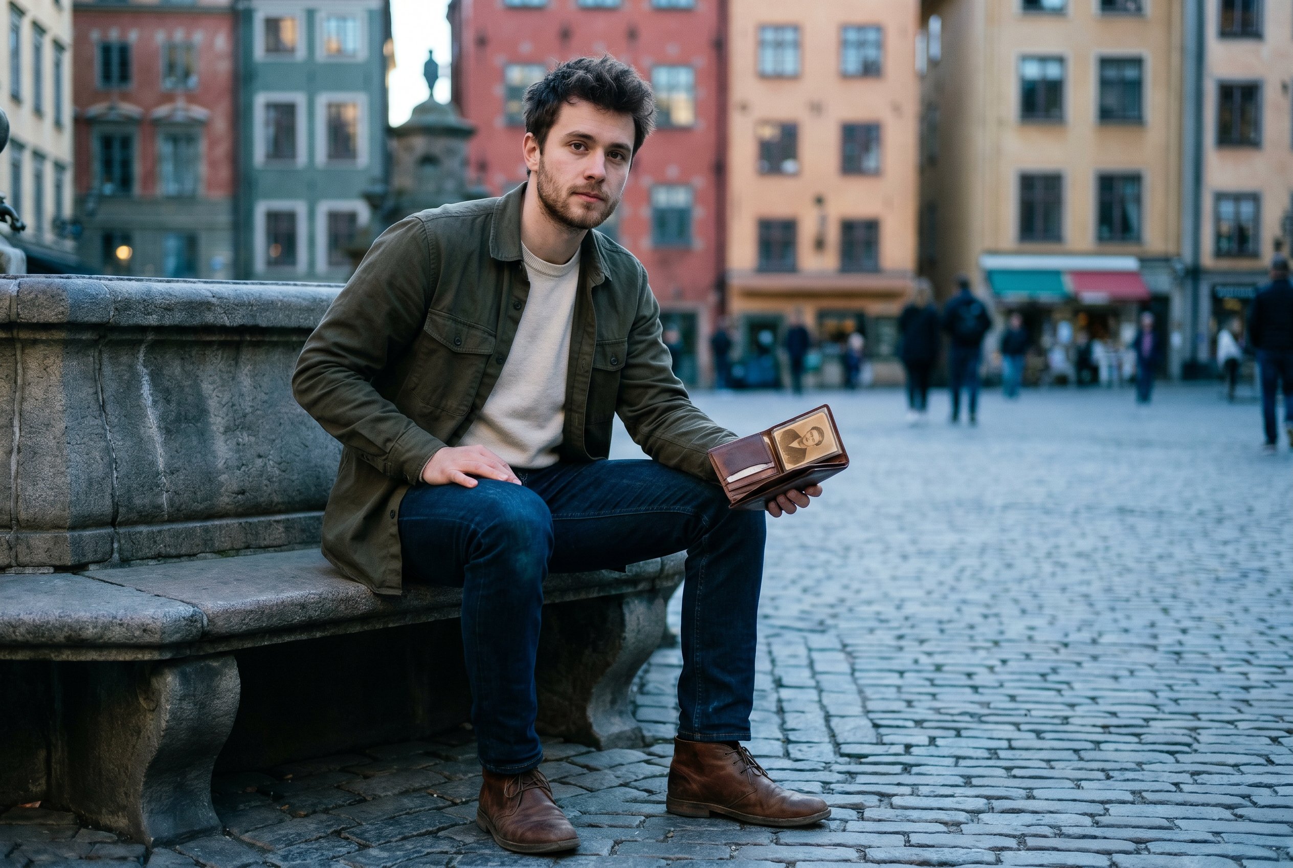 Closeup — Luca at the Stortorget-fountain-bench post-Acne-HQ-go-see, dark Mediterranean-Swedish bone-structure with deep brown eyes and the visible Calabria-paternal-line jaw-architecture, the worn brown bifold-wallet half-open at his right hand showing the corner of the 1962-passport-stamp-photo-card