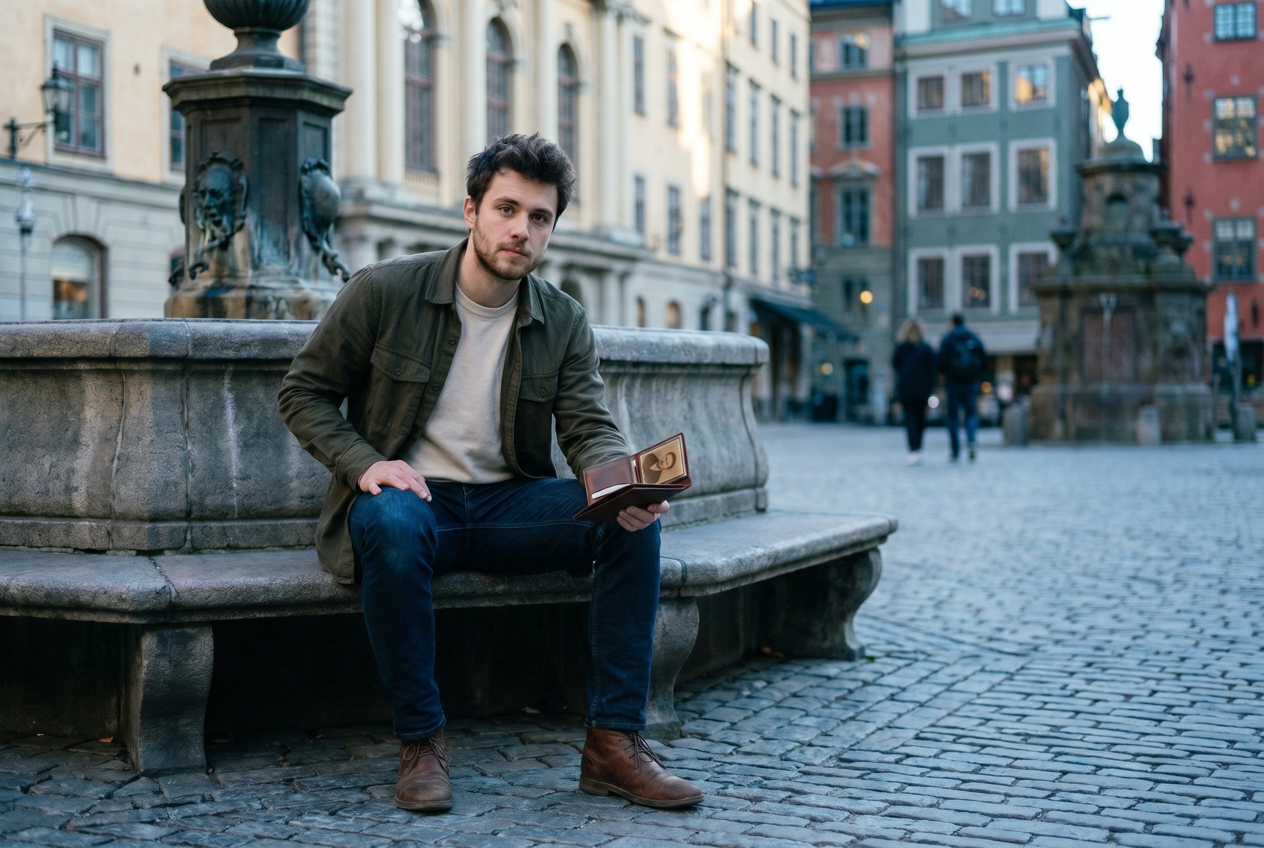 Context — Luca at full body on the Stortorget-fountain-bench in Gamla Stan, the Stockholm Stortorget-Nobel-Museum facade in soft focus behind, the Gamla-Stan-late-evening-cool-blue-light slanting across the cobblestone