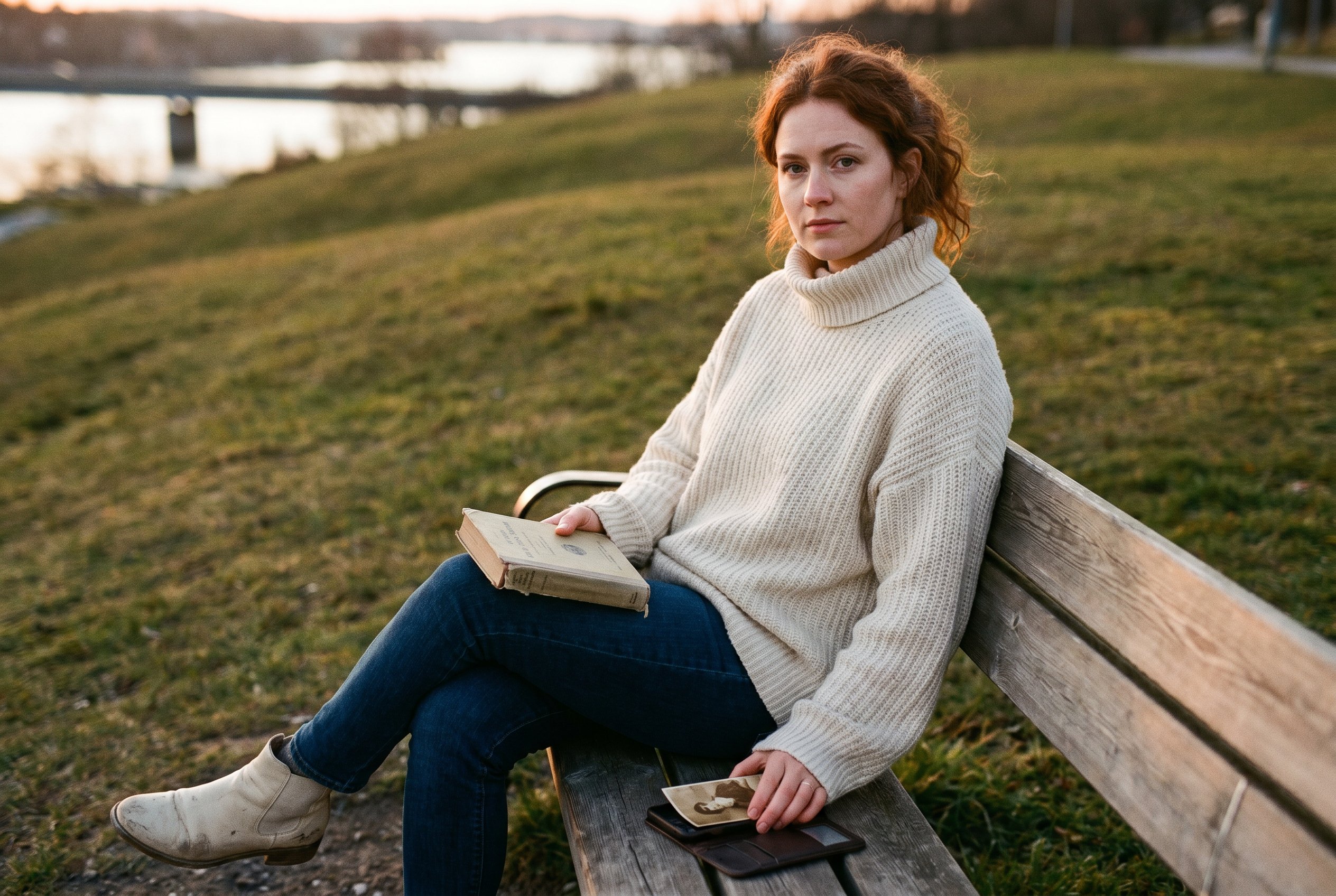 Closeup — Märta on the Tantolunden upper-east-slope reading-bench, the natural-unbleached red-hair tied at the nape, the Acne-AW2025-knitwear-house-face-bone-structure, the phone-case in her hand half-open showing the Strindberg-1909-postcard-fragment-photo