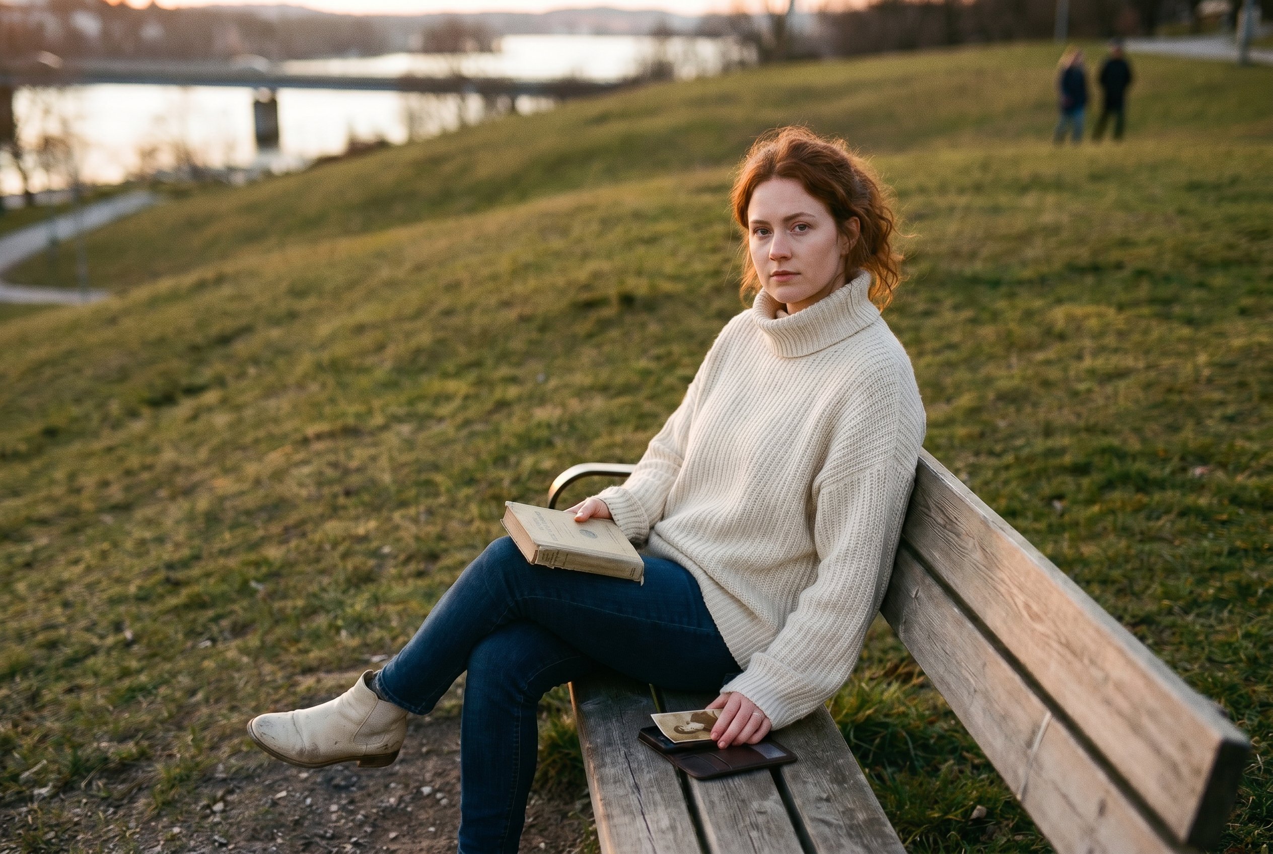 Context — Märta at full body on the Tantolunden upper-east-slope reading-bench at the Sunday-evening-cooldown, the Söder-Tantolunden-park-meadow rolling down toward the Långholmen-water in deep soft focus, the late-evening Stockholm May cool-gold-light slanting from camera-right