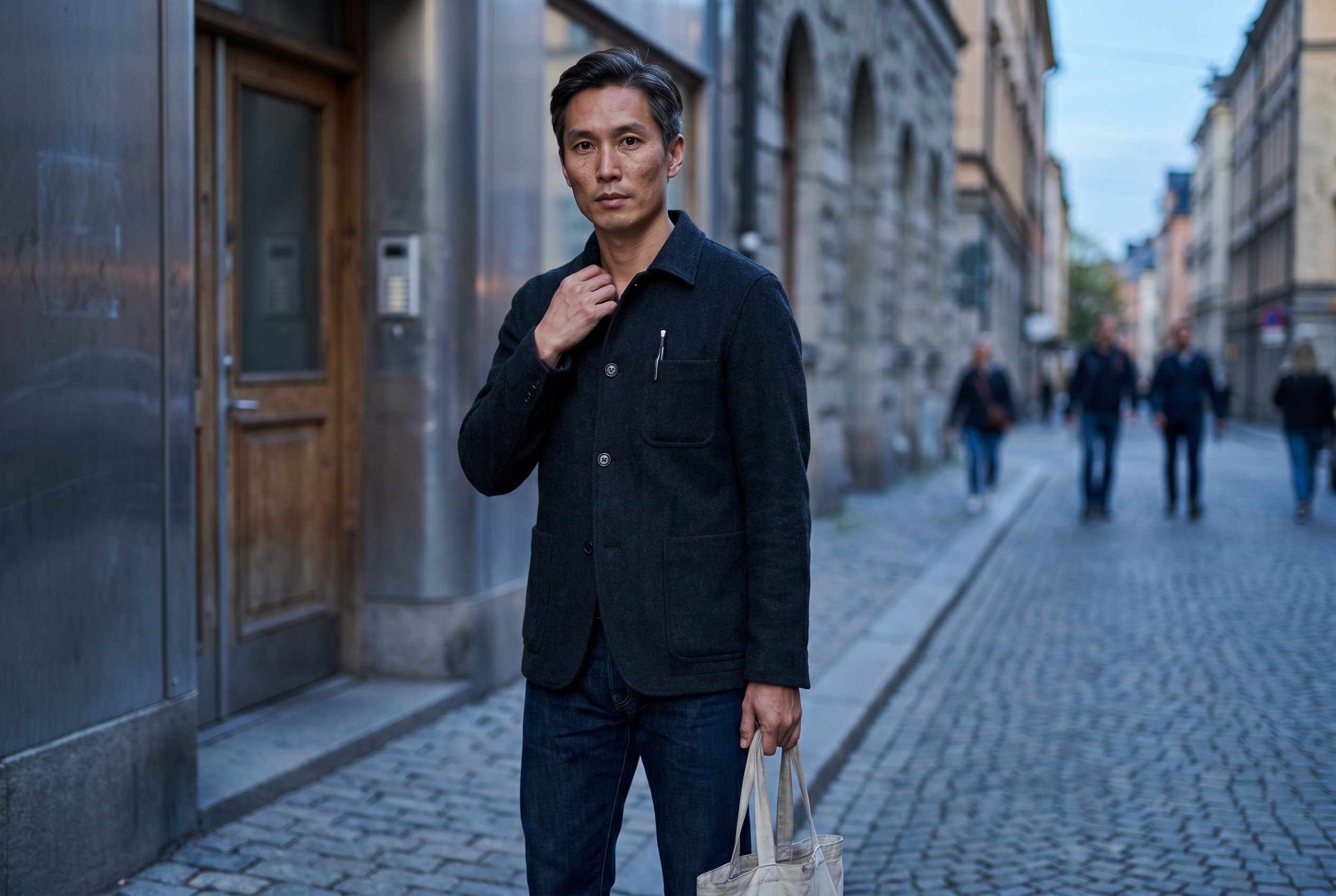 Closeup — Erik at the Filippa-K Studio Söder Skånegatan-back-entrance Friday-design-floor-late-shift-walkout, the half-Stockholm-Korean-2nd-gen-bone-architecture visible at the cheekbone and the clean lid-bone-line, the design-studio-pencil at the right-collar of the open dark-charcoal wool overshirt
