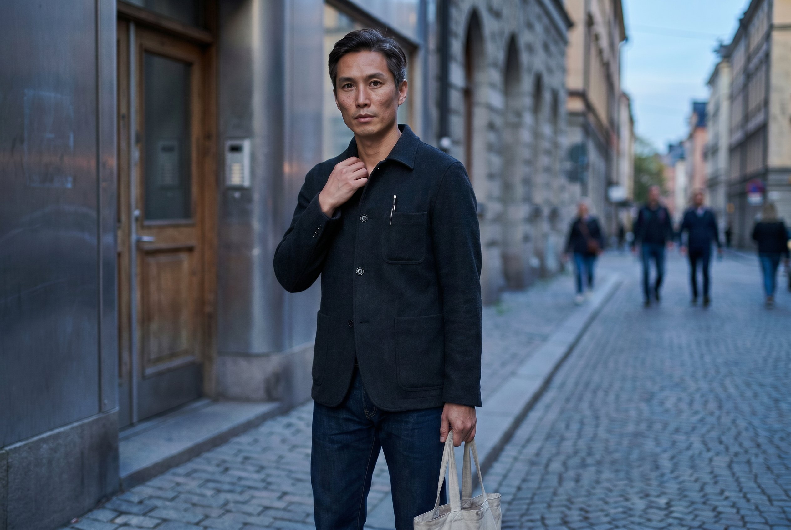 Context — Erik at full body at the Skånegatan-back-entrance of Filippa-K Studio Söder, the SoFo-Skånegatan-Söder-evening-pedestrian-traffic in deep soft focus, the late-evening Söder-cool-blue-light slanting from camera-front-left