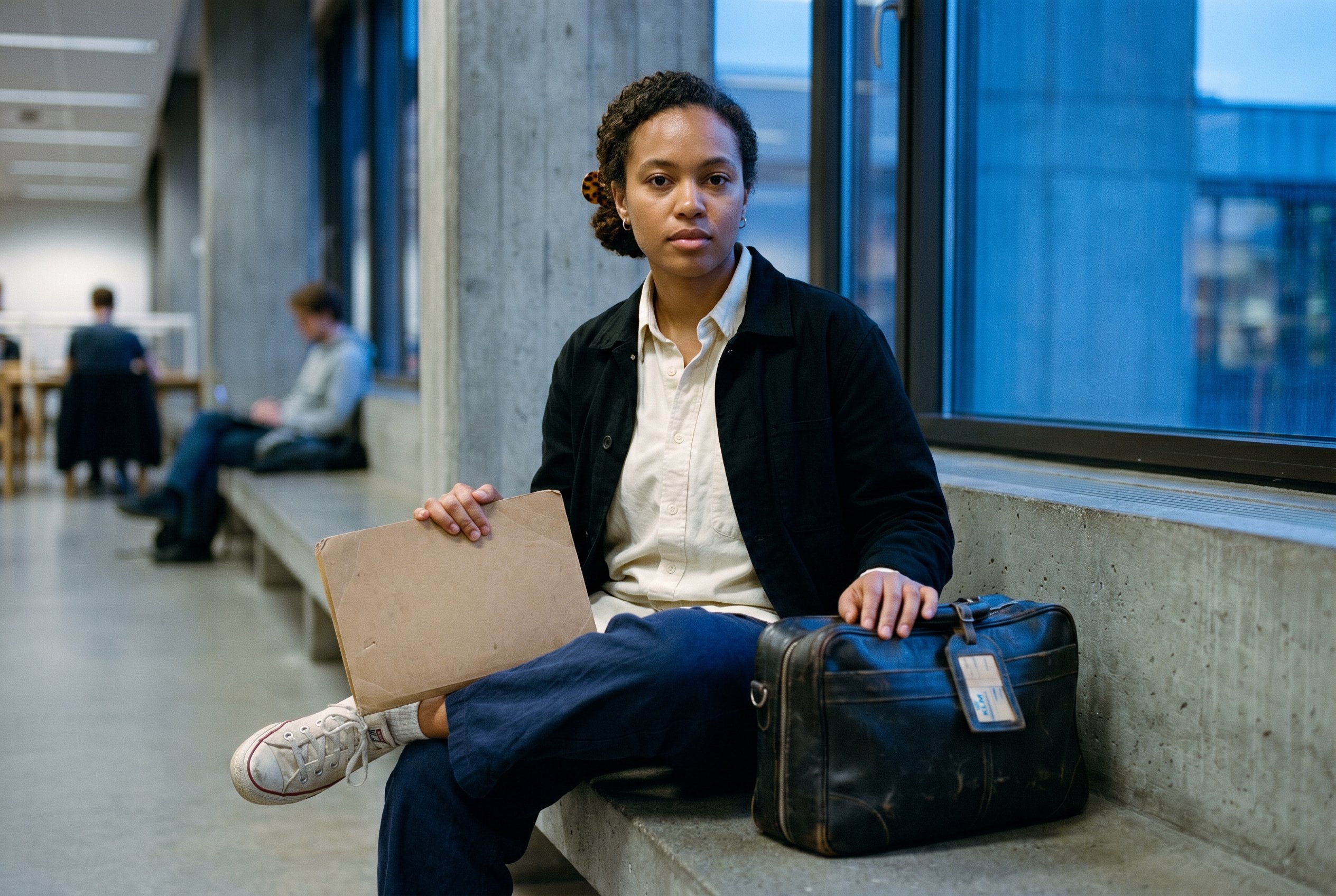 Closeup — Adwoa at the Frescati Stockholms-Universitet-library north-pillar-bench, the visible Ashanti-paternal-line bone-architecture with fine high cheekbone-line and clean lid-bone-architecture, the worn brown KLM-1995-Accra-Stockholm-cabin-bag at her side as her thirty-year-old school-bag