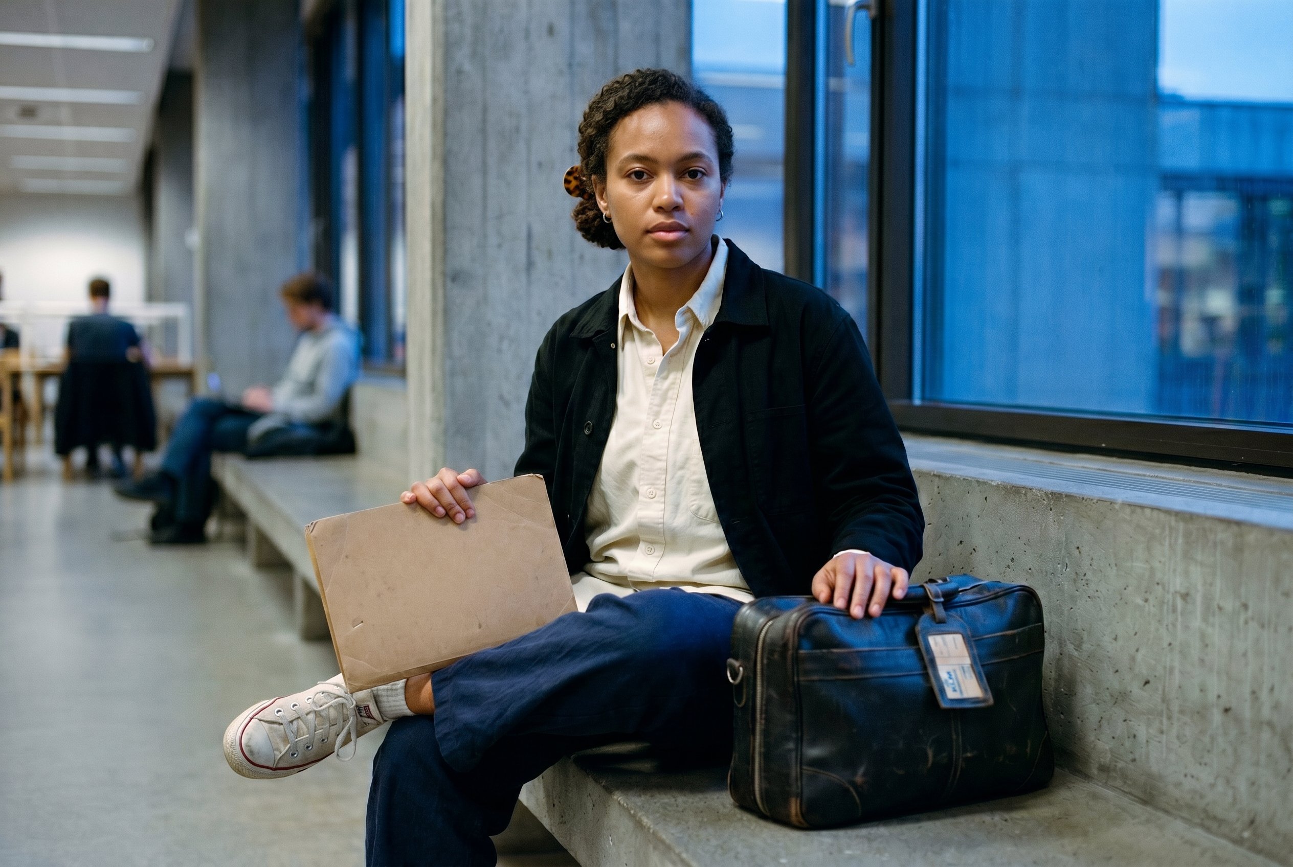 Context — Adwoa at full body on the Frescati Stockholms-Universitet-library north-pillar-bench, the brutalist library-architecture in soft focus behind, the Frescati-late-evening-cool-blue-light through the library-window slanting from camera-right