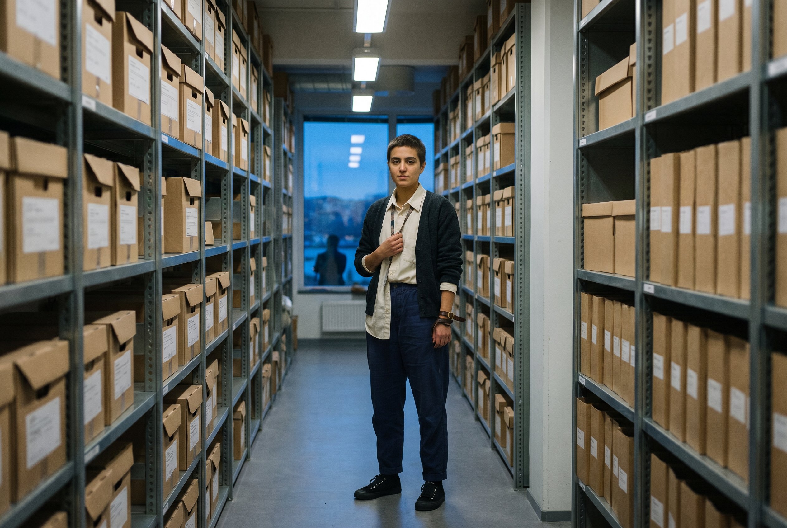 Context — Darius at full body in the Fotografiska Stockholm fourth-floor photo-archive-corridor, the photo-archive-cabinet-rows in soft focus behind, the Slussen-harbor-window at the corridor-end with cool-blue Stockholm-May-evening-light