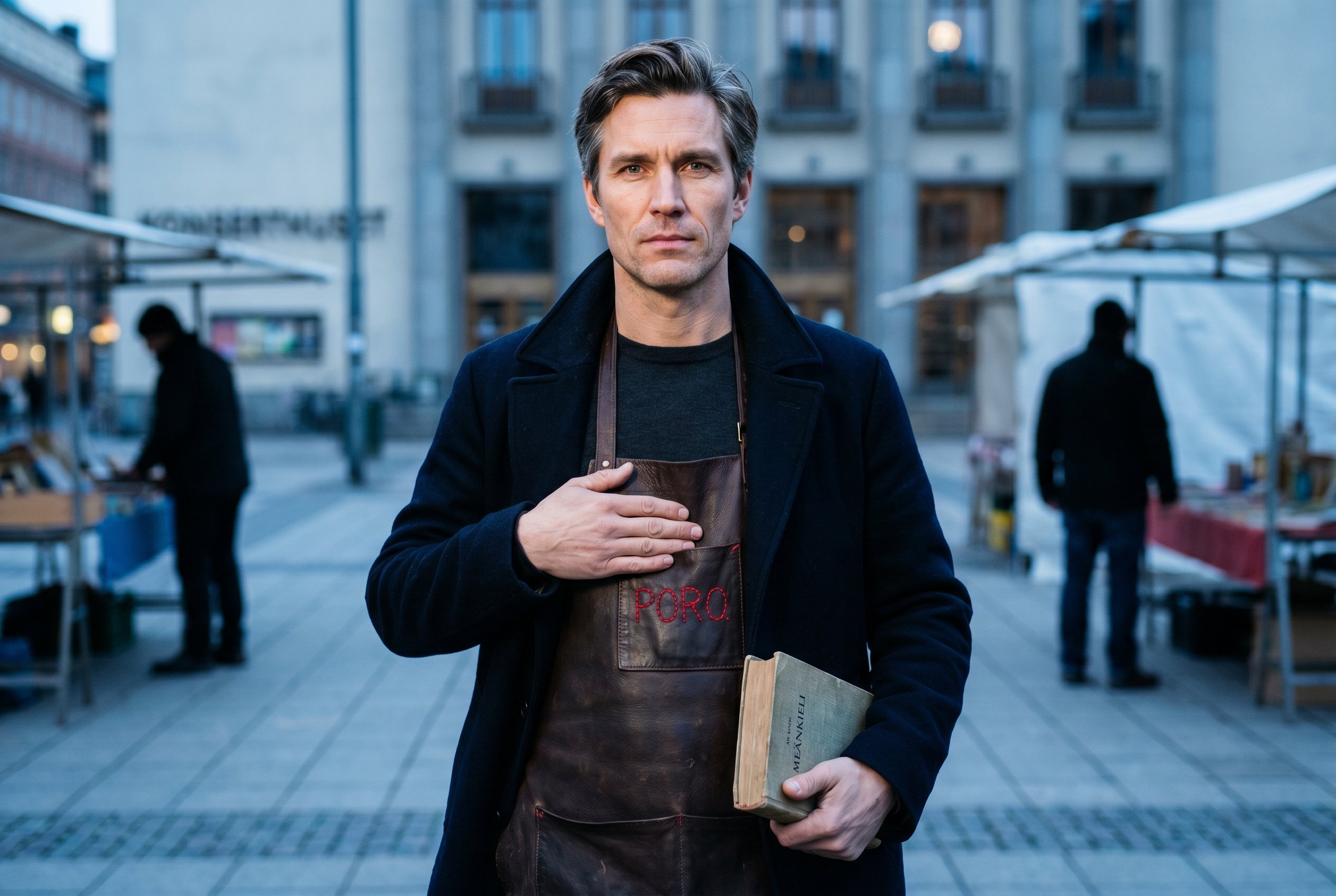 Closeup — Joonas at the Hötorget-square Friday-night-vendor-setup-block, the Finn-Swedish-Tornedalen-5th-gen bone-architecture with strong angular Tornedalen-paternal-line jaw and clean lid-bone-architecture, the worn brown-leather book-market-vendor-apron with the visible hand-stitched meänkieli-word-embroidery at the apron-chest-pocket-edge