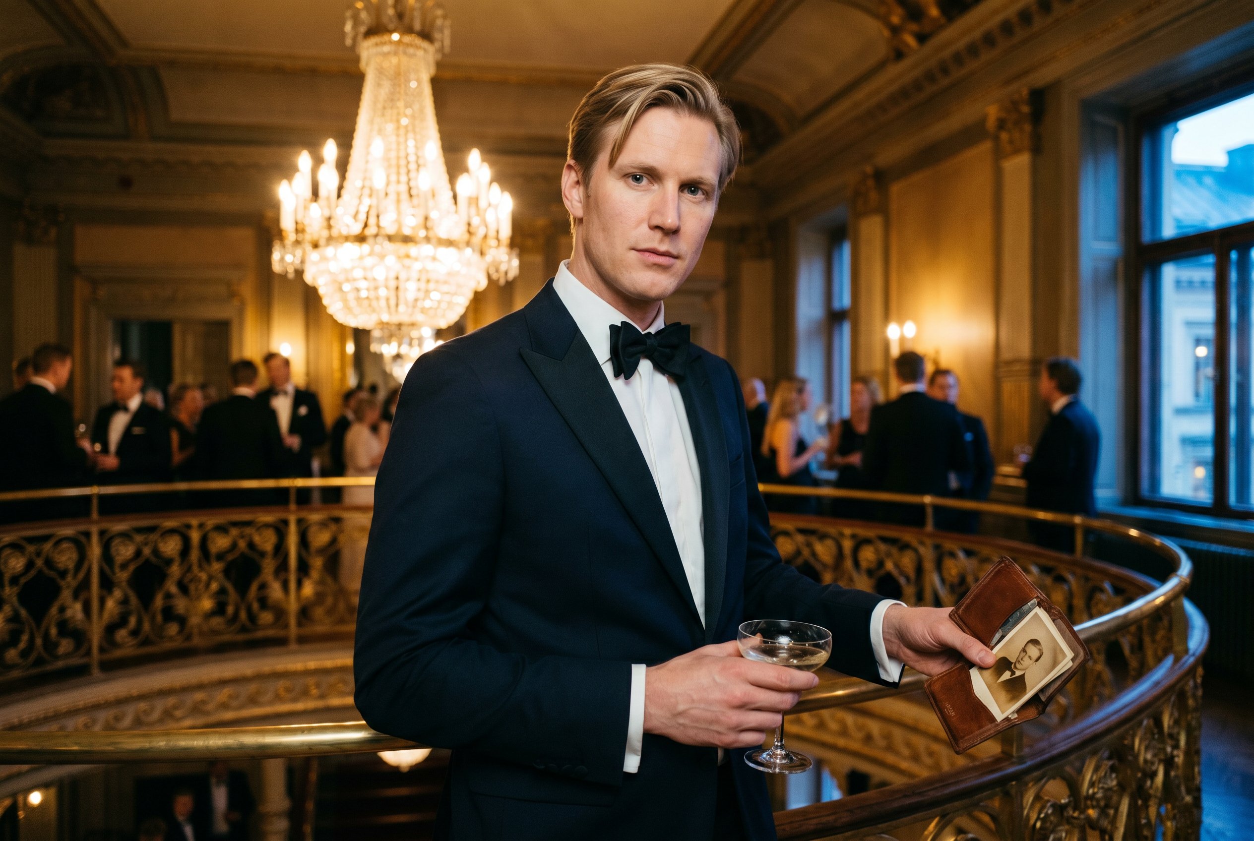 Closeup — Henrik on the Berns Salonger Stora Salongen mezzanine-rail during the Stockholm Fashion Foundation Spring-Gala 2026, tall classic-Nordic-blond bone-architecture with pale clean Nordic blue eyes and the controlled twelve-year-Stockholm-Fashion-Week-walking-track attention, the worn brown leather wallet half-open at his right hand showing the corner of a small sepia-cast 1936-NK-Nordiska-Kompaniet-male-mannequin-photo-card