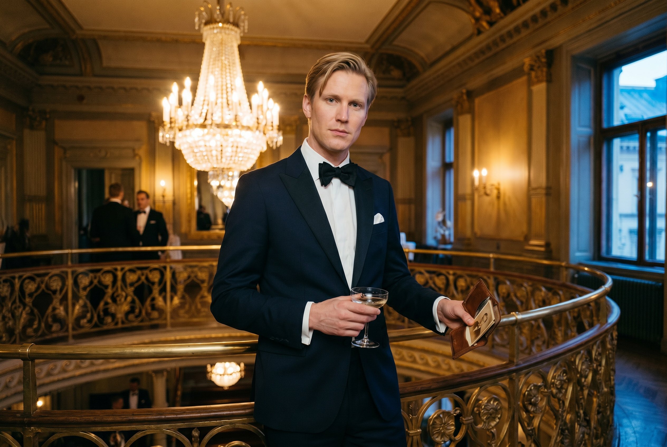 Context — Henrik at full body on the Berns Salonger Stora Salongen mezzanine-rail with the Stora Salongen 19th-century-gilt-ceiling and crystal-chandeliers in deep soft focus behind, the Stockholm Fashion Foundation Spring-Gala 2026 floor-crowd in mid-ground, the late-evening warm-gold gala-light from the chandeliers and the cool-blue Berzelii-Park-night-light bleeding in from the foyer-window