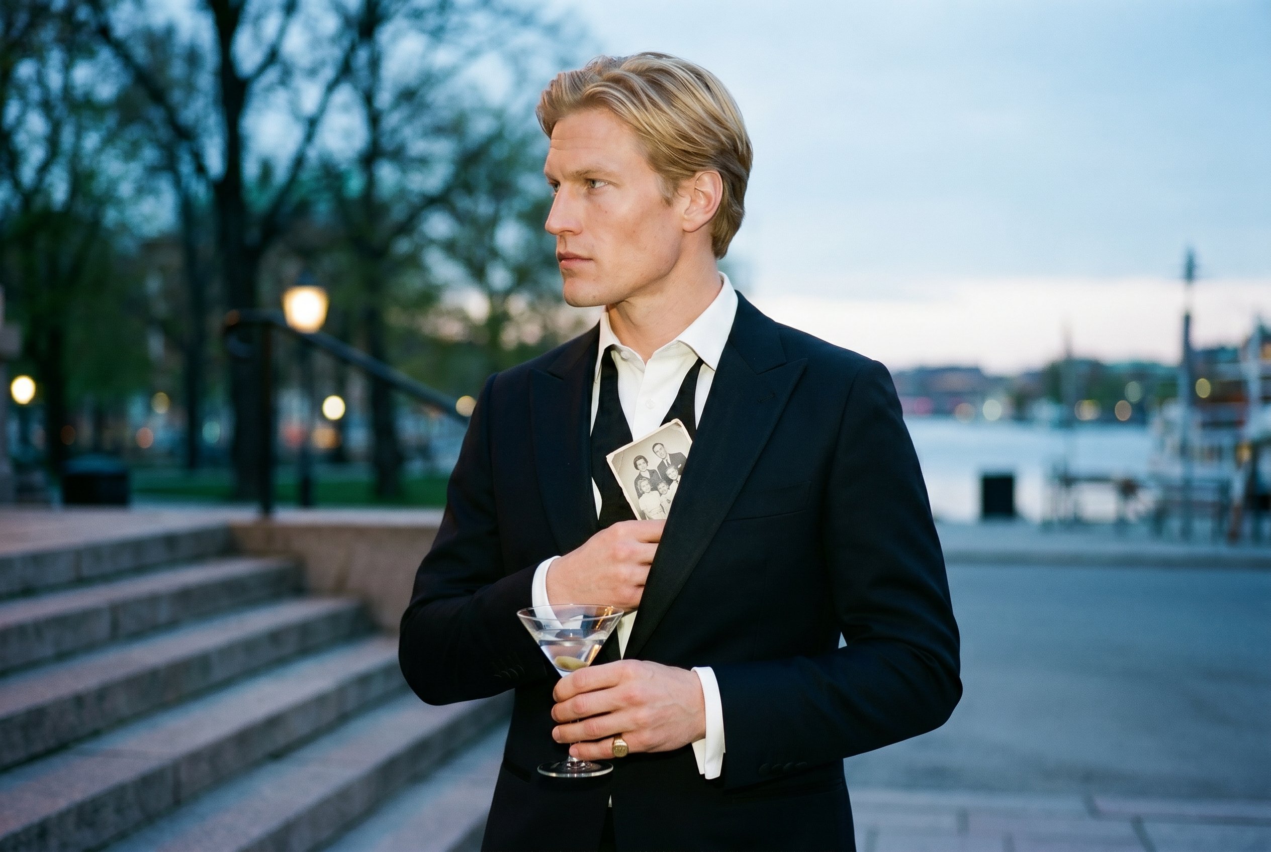 Closeup — Oskar on the Berns Salonger Berzelii-Park front-entrance-step during the Stockholm Fashion Foundation Spring-Gala 2026 step-cooldown, tall classic-Nordic wheat-blond bone-architecture with pale Nordic blue-grey eyes and the controlled five-Hermès-Stockholm-campaign-rotation attention, the worn black-leather inner-jacket-pocket card-slot half-open at his left chest showing the corner of a small black-and-white 2019-Smögen-fisherman-portrait-card by Hasse Persson