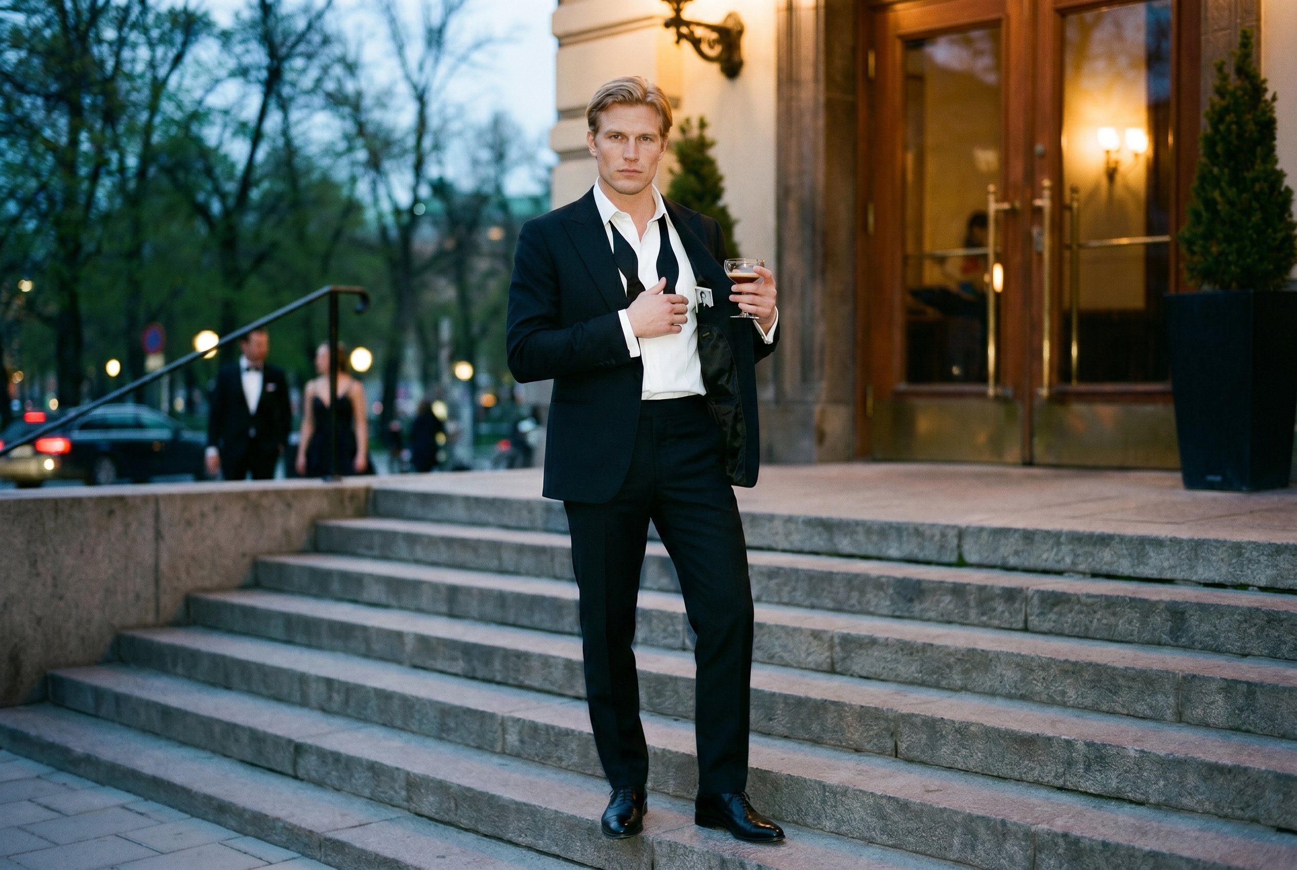 Context — Oskar at full body on the Berns Salonger Berzelii-Park front-entrance step with the Berzelii-Park spring-trees and the Norrmalm-street-traffic in deep soft focus behind, the gala-amber light from the Berns Salonger entrance-doors at camera-front-left and the cool-blue Stockholm-May-night-light from the park-lamps at camera-front-right