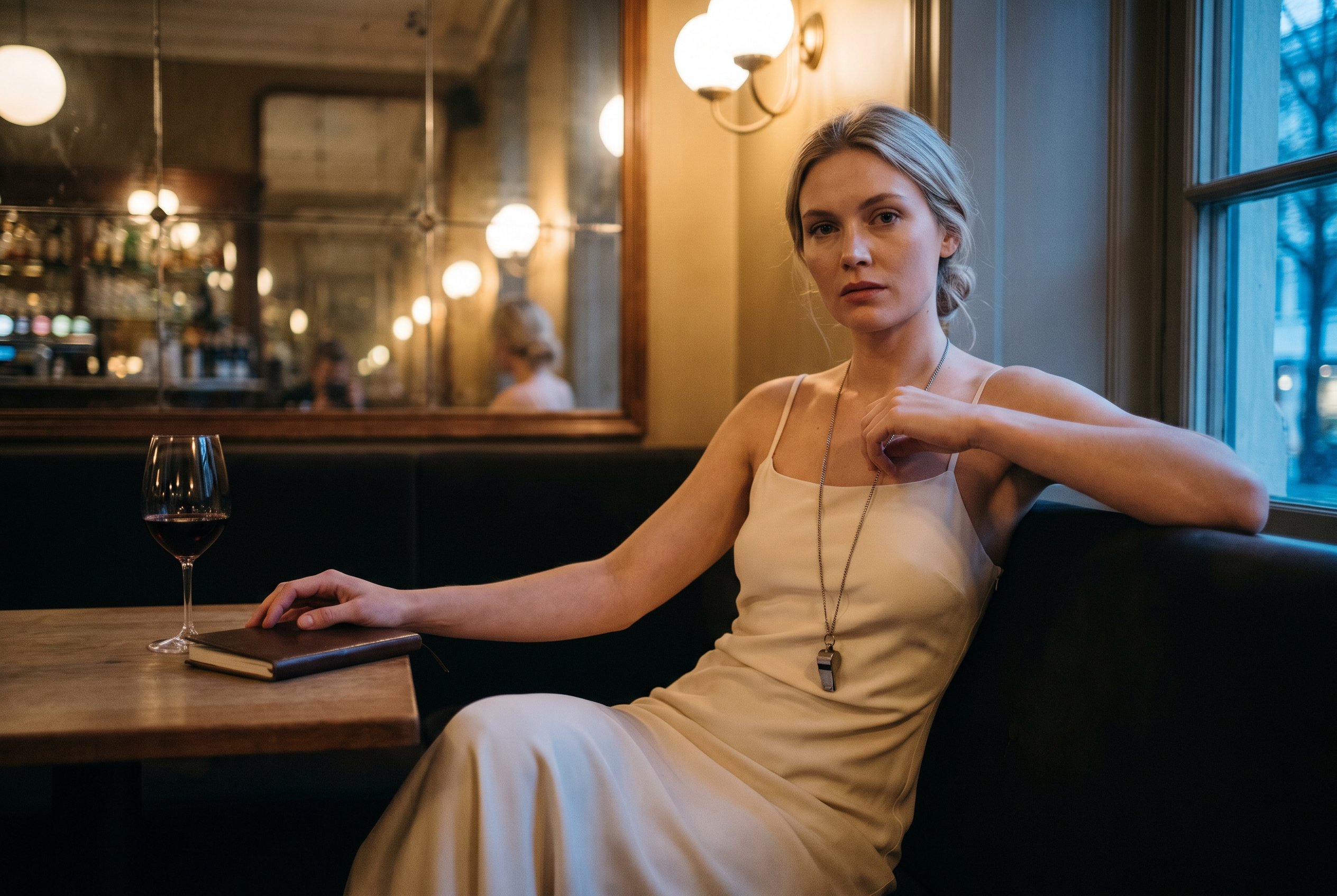 Closeup — Klara on the Berns Salonger Bistro back-banquette during the Stockholm Fashion Foundation Spring-Gala 2026 after-party quieter-block, tall classic-Nordic ash-blond bone-architecture with pale Nordic blue eyes and the controlled six-year-international-campaign-rotation attention, a thin silver-chain visible at the open neckline of the gown showing the small 1968-Grenoble-Olympics-team-coach-whistle hanging at the chest