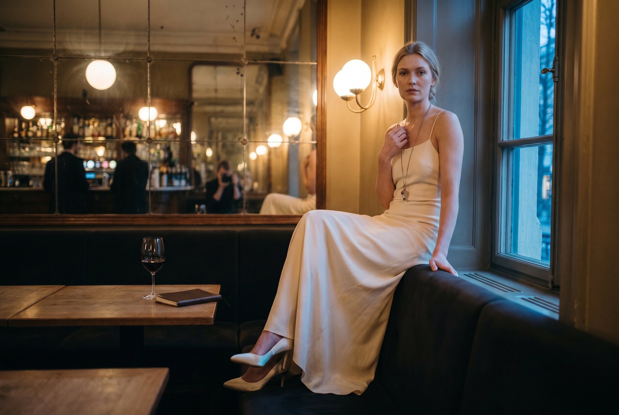 Context — Klara at full body on the Berns Salonger Bistro back-banquette with the Bistro 19th-century-mirrored-wall and the after-party-bar in deep soft focus behind, the Bistro late-evening dim-amber-light from the wall-sconces, the cool-blue Berzelii-Park-night-light bleeding from the side-window at camera-front-right