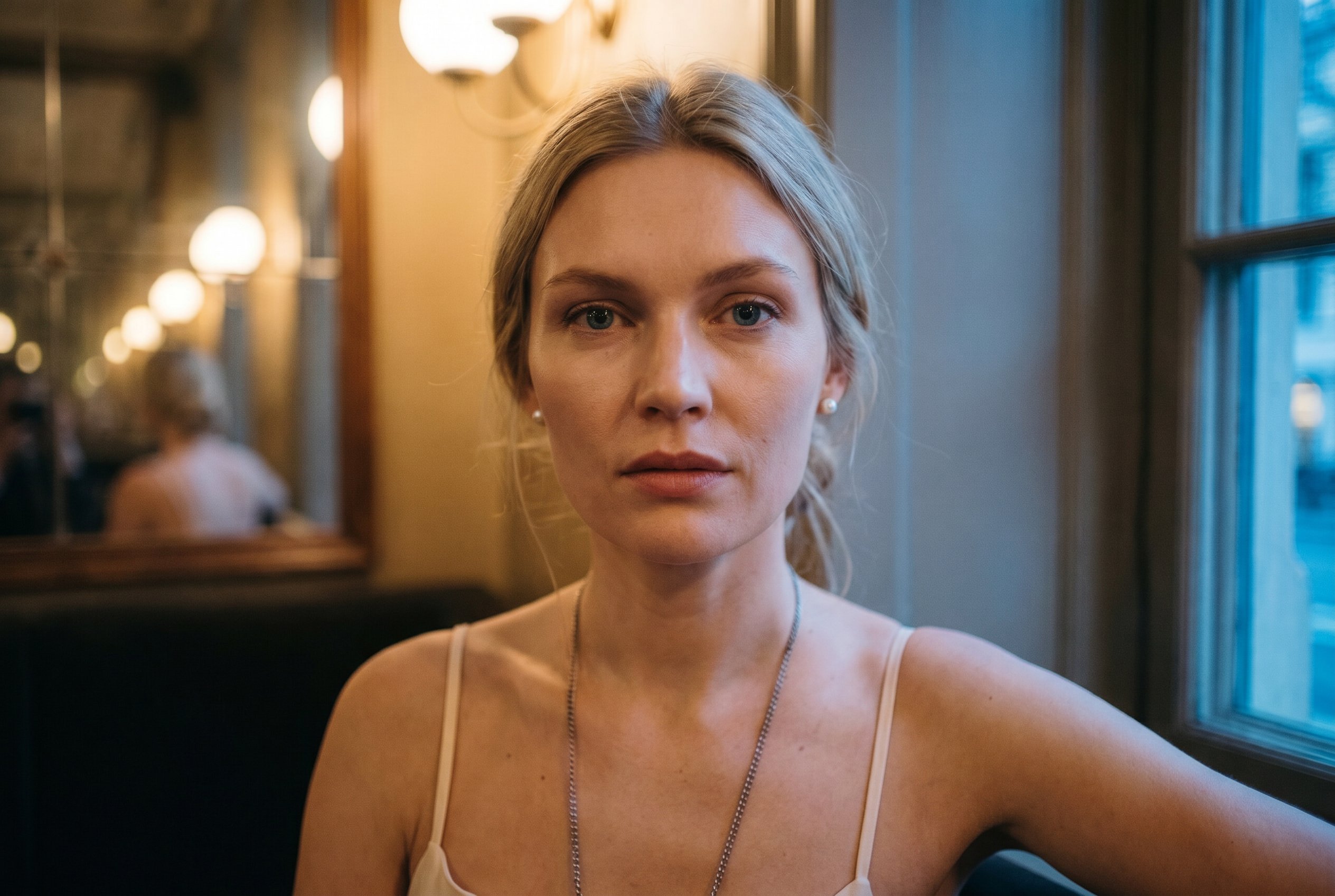 Portrait — Klara, tight head-and-shoulders, the Subject-Lock face-reference for the wider context-frames below