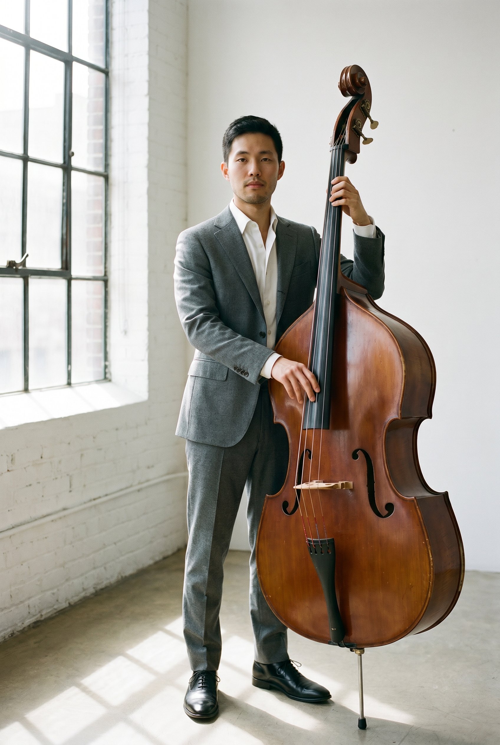 Hero — Jun in mid-grey suit with double bass, standing