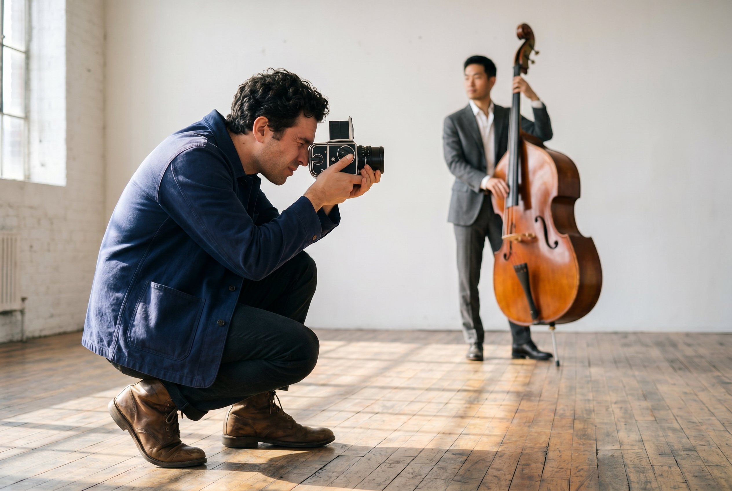 Making-of — crouched with the Hasselblad, Jun and the bass in the room