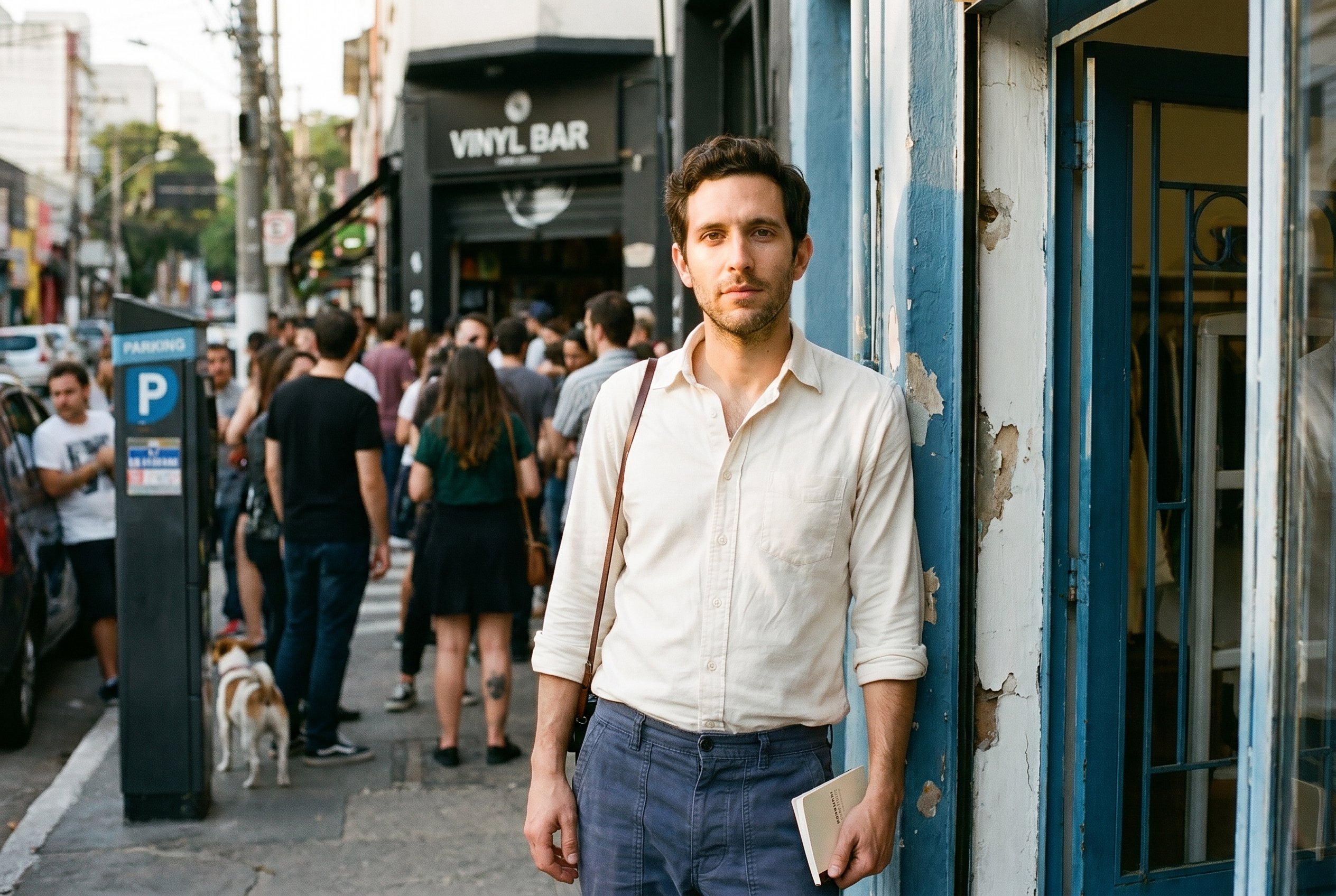 Hero — me at the Aspicuelta-Wisard corner Sunday late-afternoon, Hobonichi in the hand, the boutique door propped open behind, the Sunday-crowd in soft fall-off