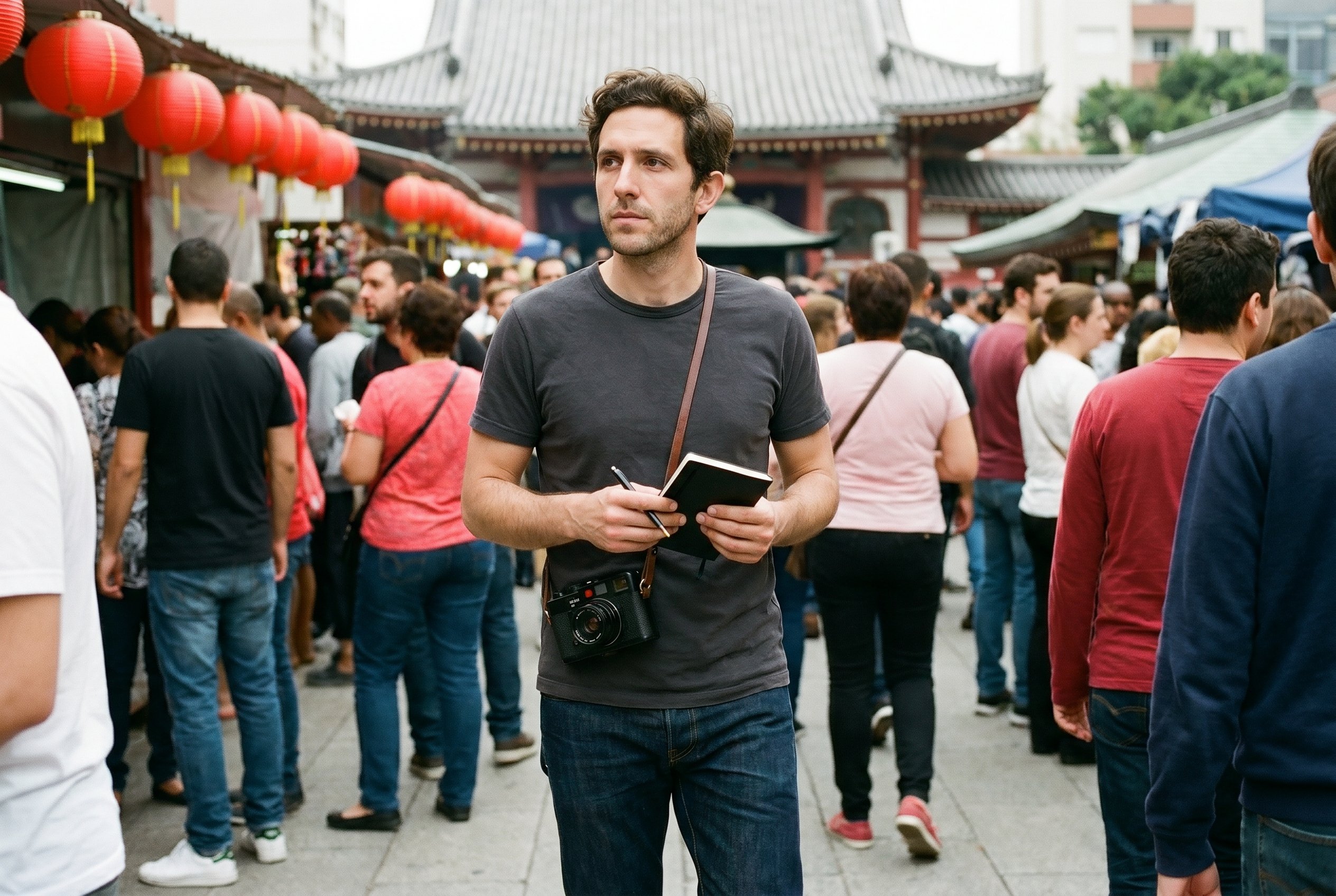 Hero — the south corner of Praça da Liberdade at the late-morning hour, the red lanterns soft in the overcast, the Hobonichi closed in my hand, the camera at the hip