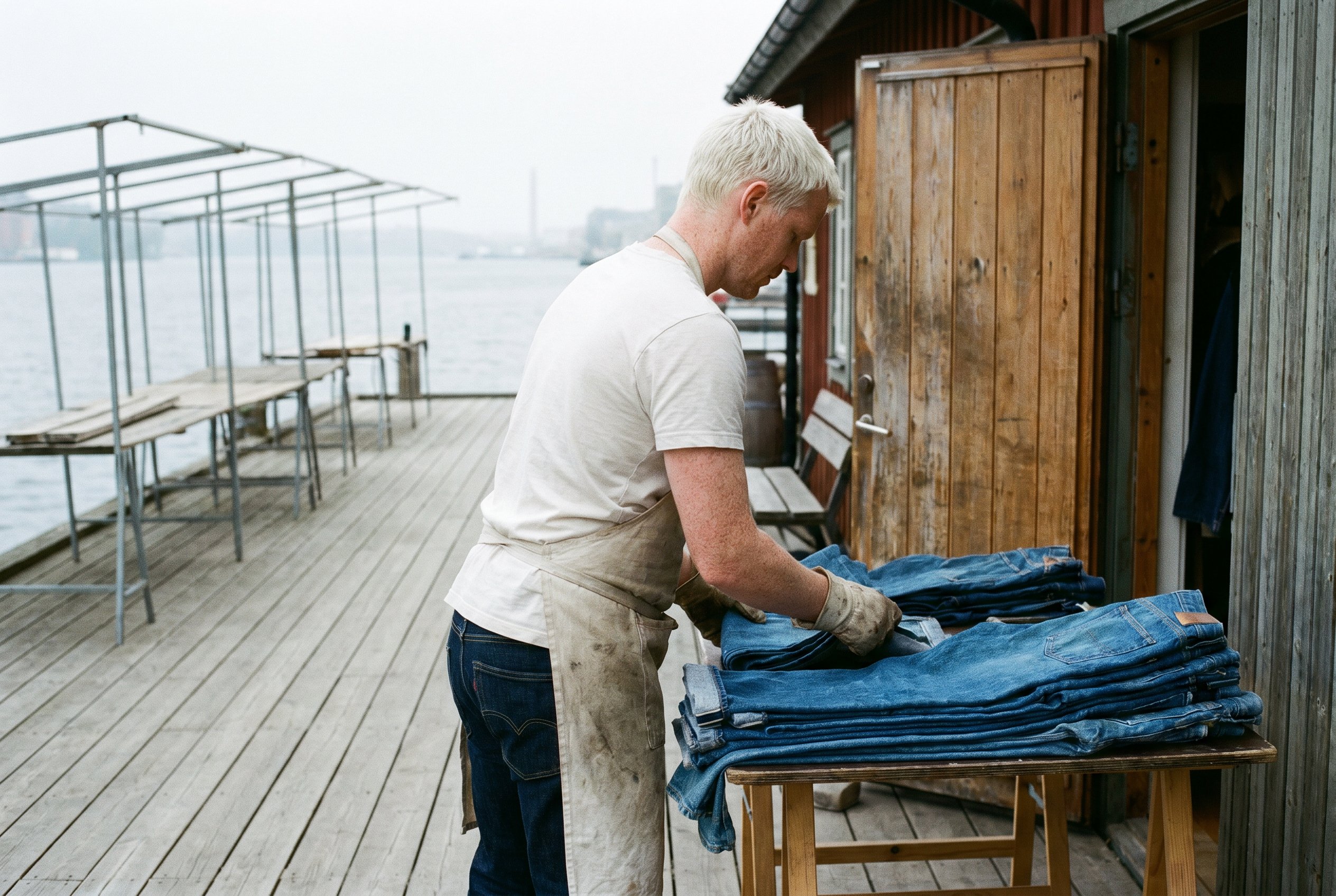 Hornstulls Strand 10:15 CEST, the Sunday-market frame in its Monday-empty state, indigo-wrist-cohort on the wooden walkway
