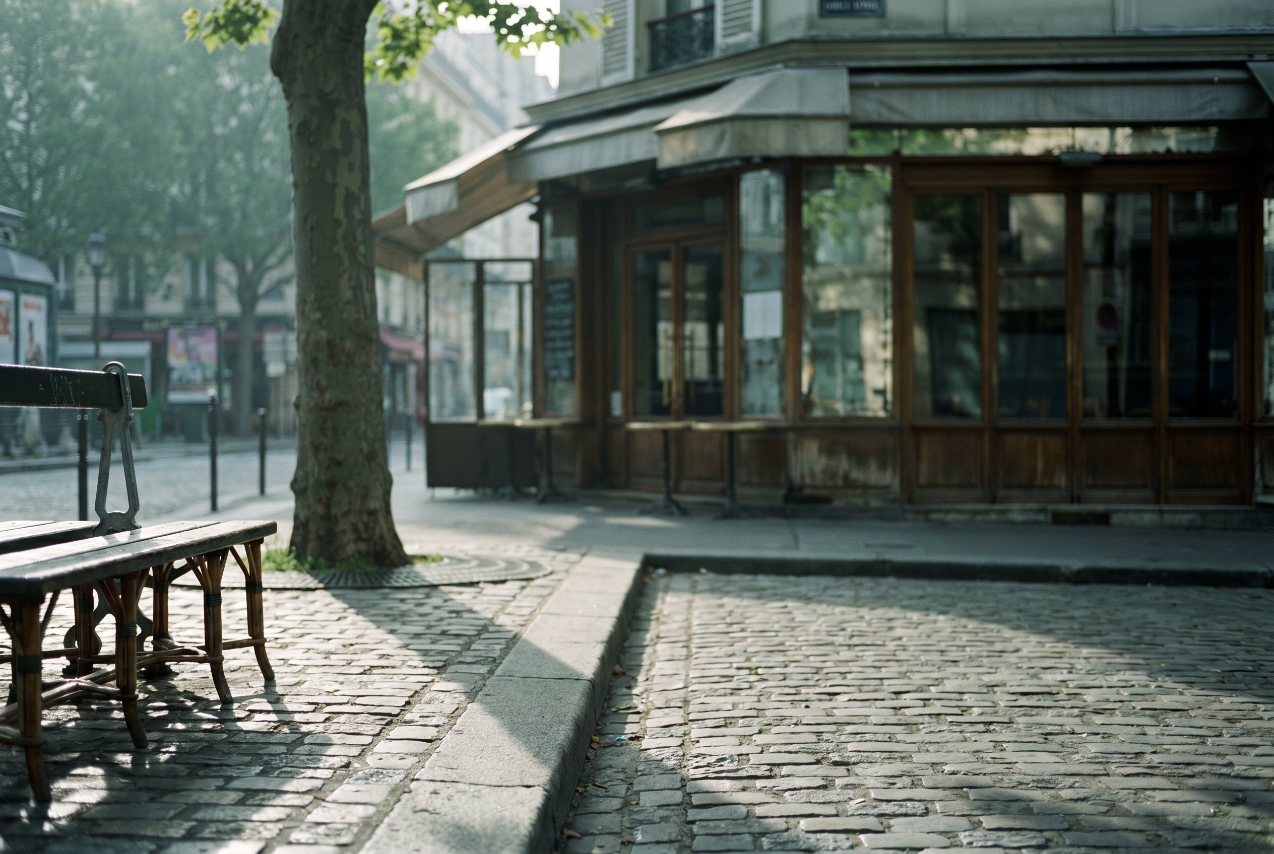 Place des Fêtes corner at 19e, the late-May light at 18:40 CEST sliding along the platan-shade, the café-banquette where Friday-domino-tables ran through the 1980s and 1990s still in afternoon-trade — same paving, same hinge of light