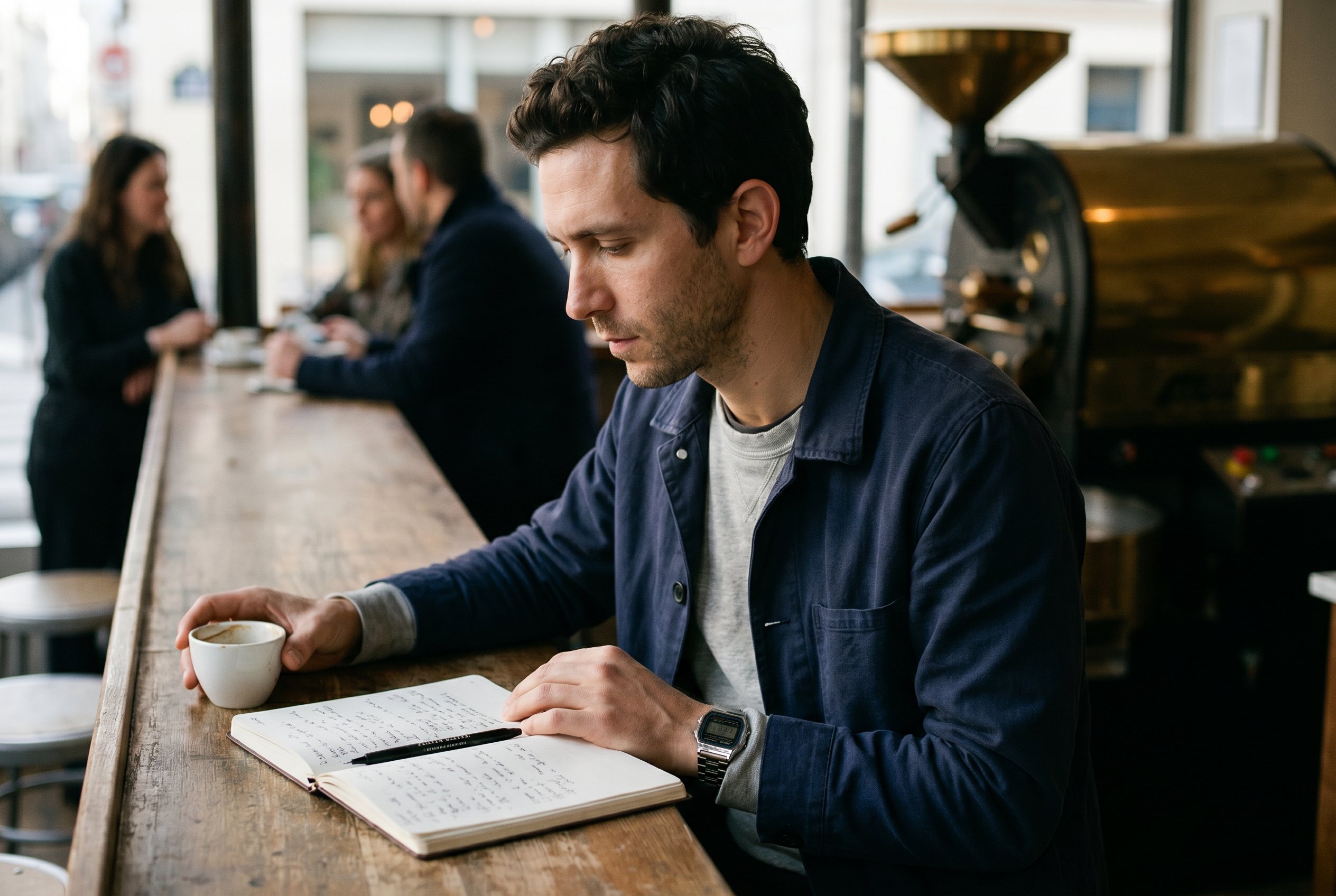 Théo at the Brûlerie counter, 14bis Rue Pradier — 17:25 CEST, third espresso, Hobonichi open at the day's spread, the moment before the line surfaces