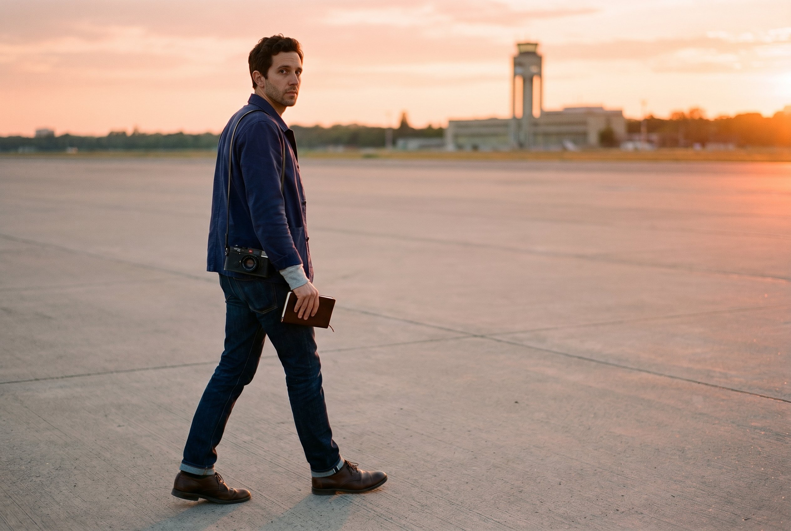 Théo walking the broad Tempelhofer-Feld tarmac at 20:42, the Flughafen-tower behind, Leica at chest, Field-Book in hand — Berlin Tag-1 closing-light