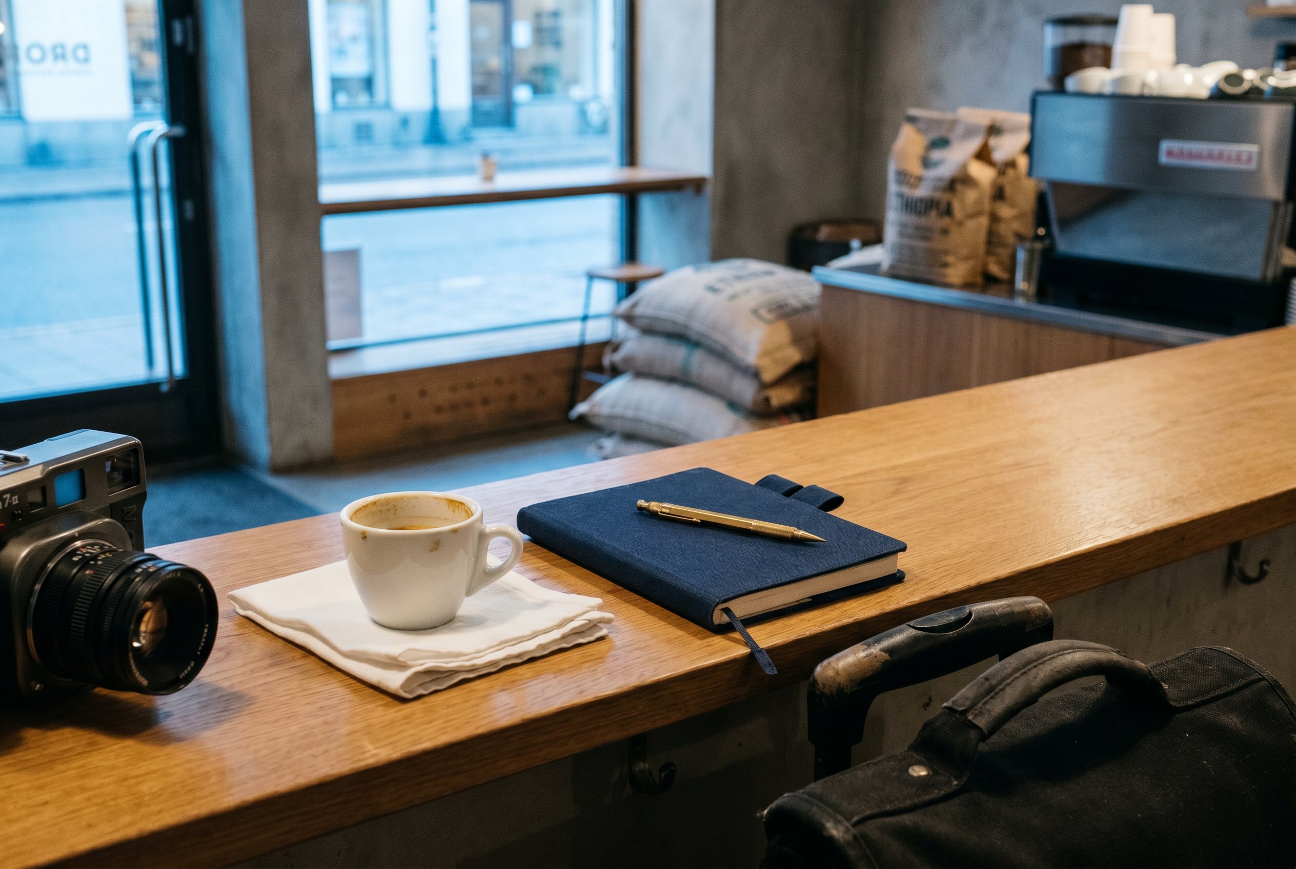 Drop Coffee Roasters, Wallingatan 24, Vasastan — 06:40 CEST, the last espresso before the Arlanda Express, the Hobonichi closed on the STO-2026-Q2 spread with 20 profile-slots filled