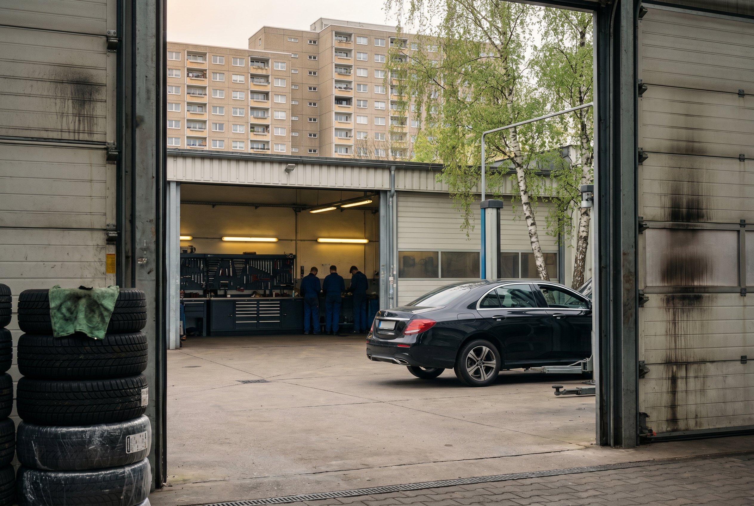 Mercedes-Benz Werkstatt-courtyard on Allee der Kosmonauten in Berlin-Marzahn, mid-morning Tuesday — two roll-up doors at full height, a W213 climbing onto the hydraulic lift, tool-cabinet racked at the back-bench, the Plattenbau twelve stories rising behind in soft Berlin-east light